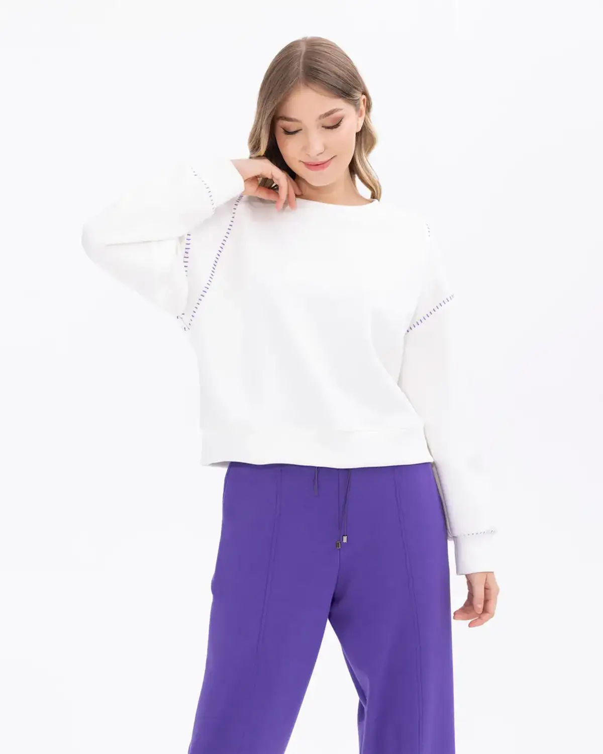 Embroidered Detail Scuba Fabric Sweatshirt for Casual Wear in Ecru, Comfortable Round Neck, Drop Shoulder, Low Waist, 51% Polyester, 5% Elastane, 44% Viscose