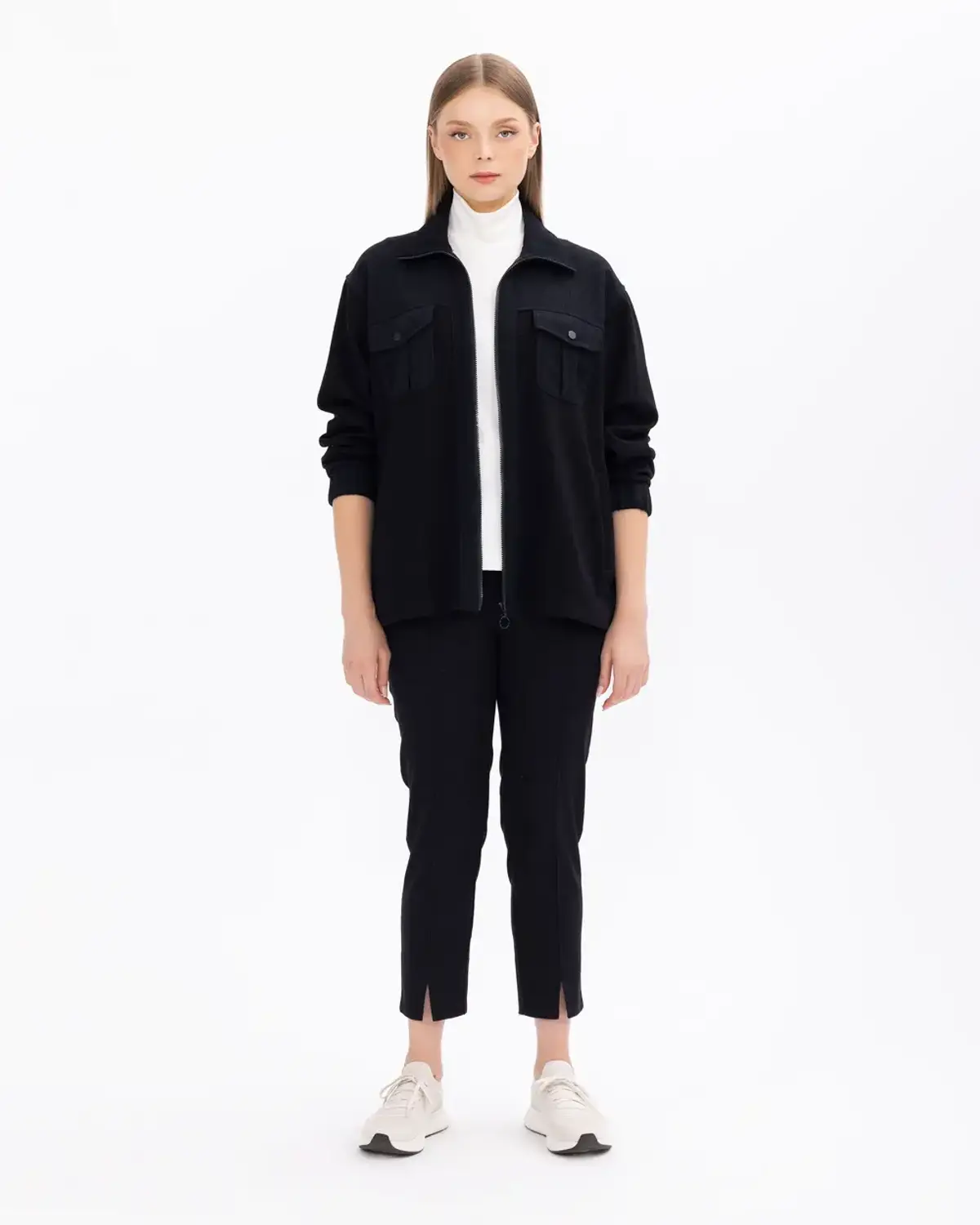 büyük beden cep detaylı fermuarlı i̇ki kumaşlı ceket