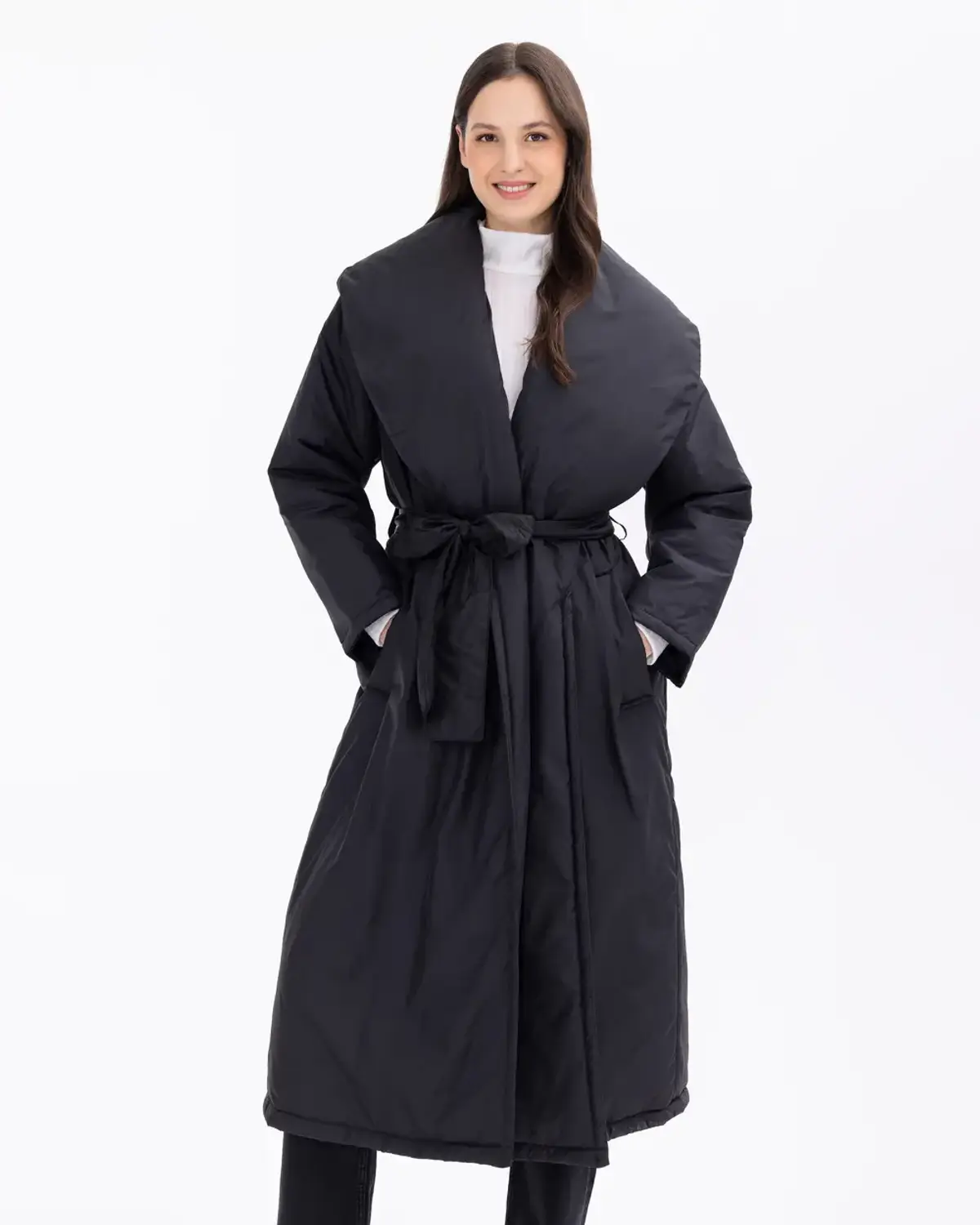 Belted Midi-Length Padded Coat with Shawl Collar, Stylish Black Winter Jacket for Cold Weather