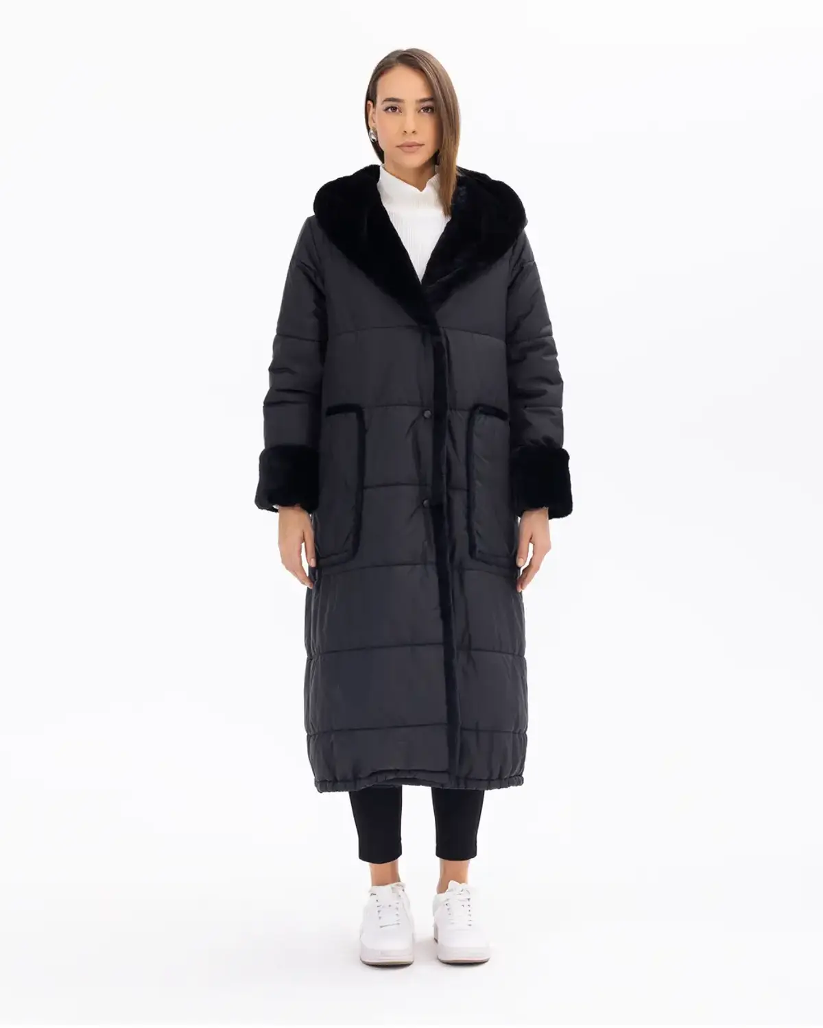 Button-Up Quilted Puffer Coat with Pocket Details and Hood for Stylish Warmth in Black