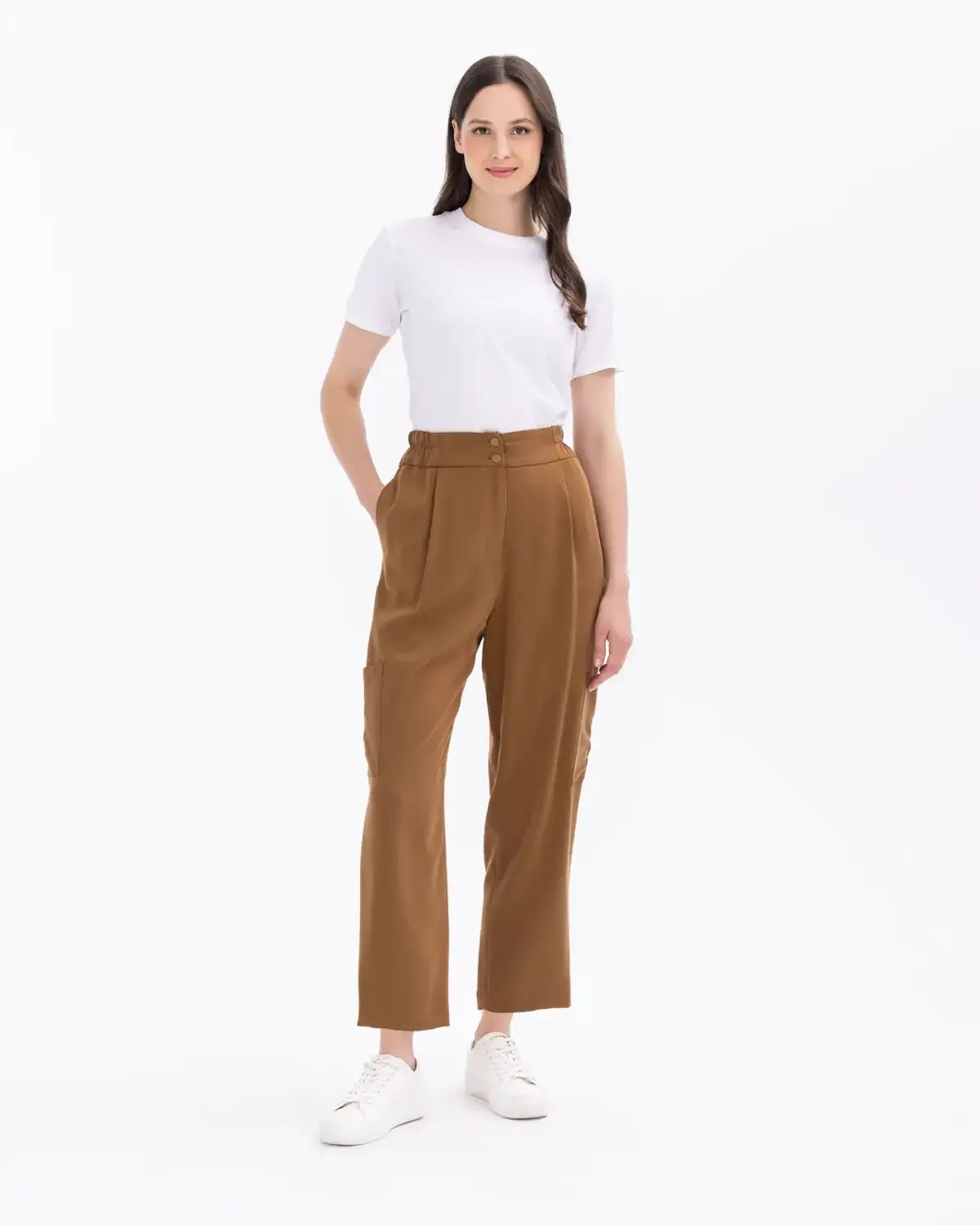 Elastic Waist Relaxed Fit Pants with Pocket Details for Stylish Comfort in TABA Color Size 36 and 40