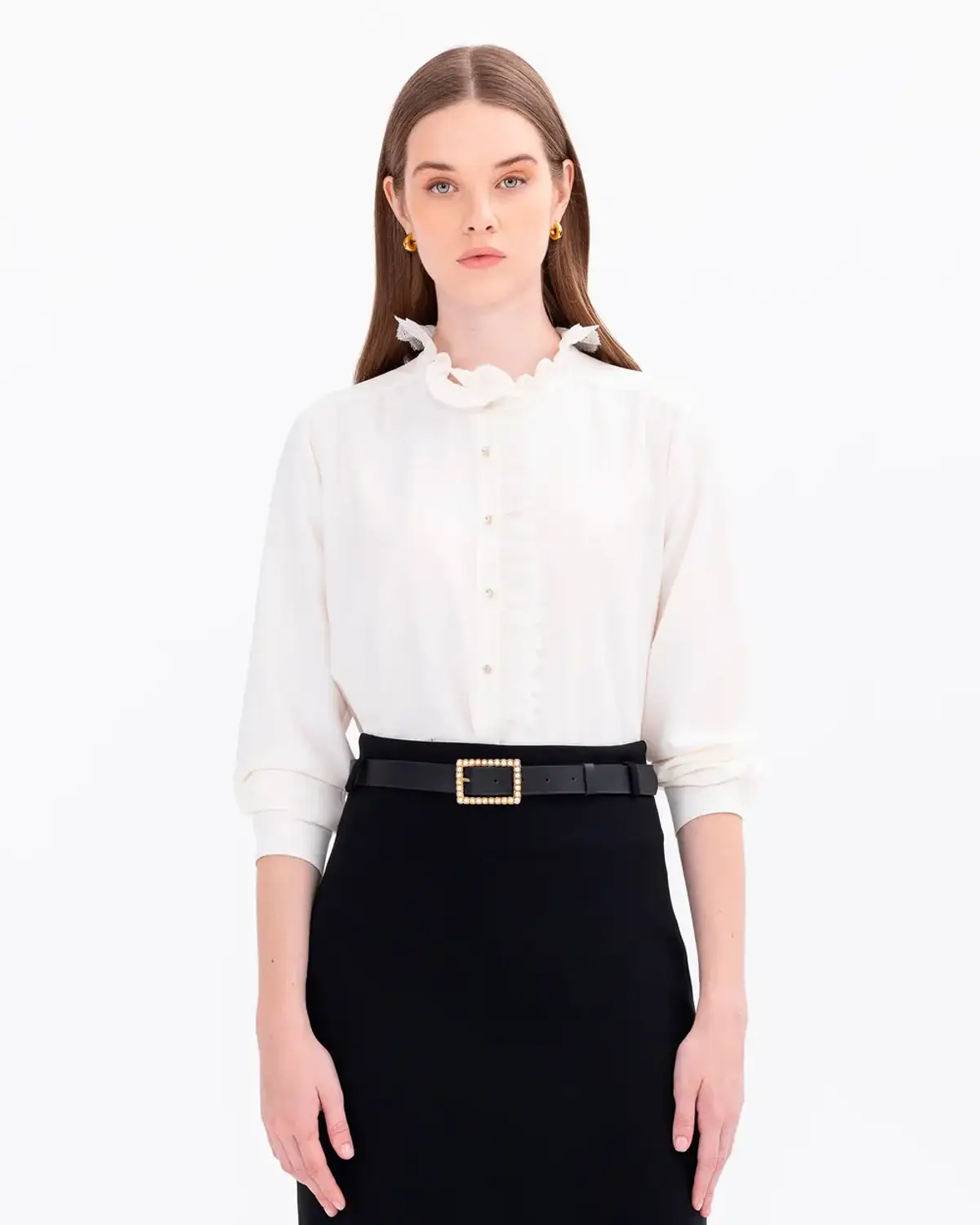 dik yaka fırfırlı dokuma tunik