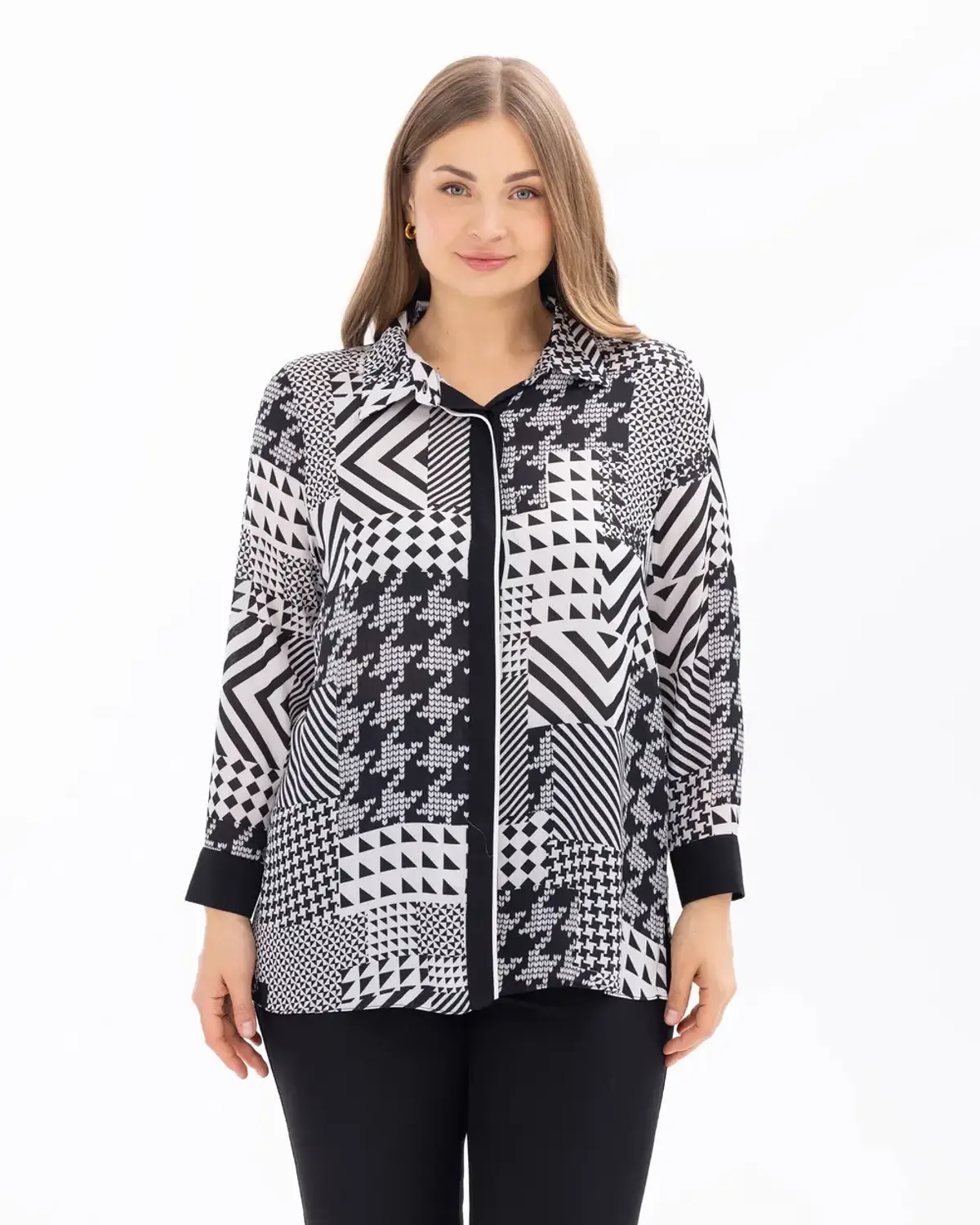 büyük beden mix desenli uzun kollu gömlek