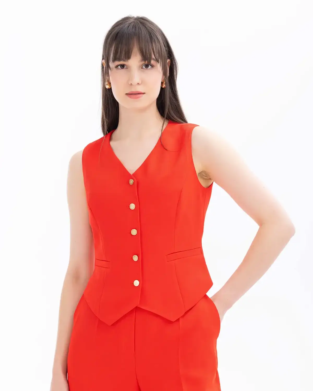 v yaka kolsuz düğme detaylı yelek