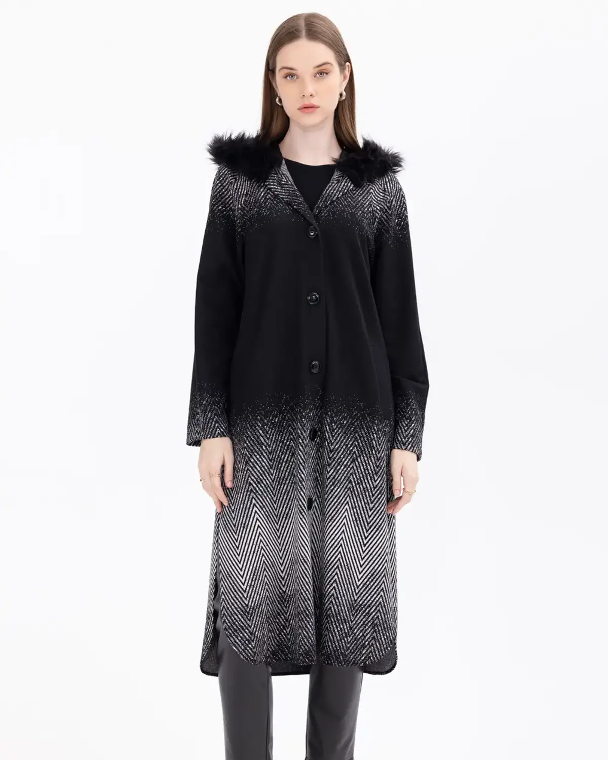 suni kürk detaylı kapüşonlu midi boy kap