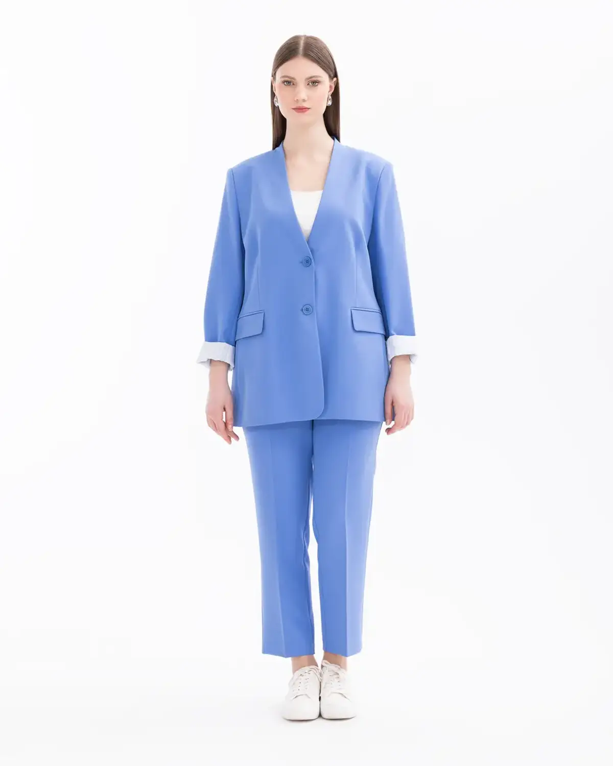 Plus Size Classic Pants with Elastic Waist and Ankle Length in Blue for Comfort and Style