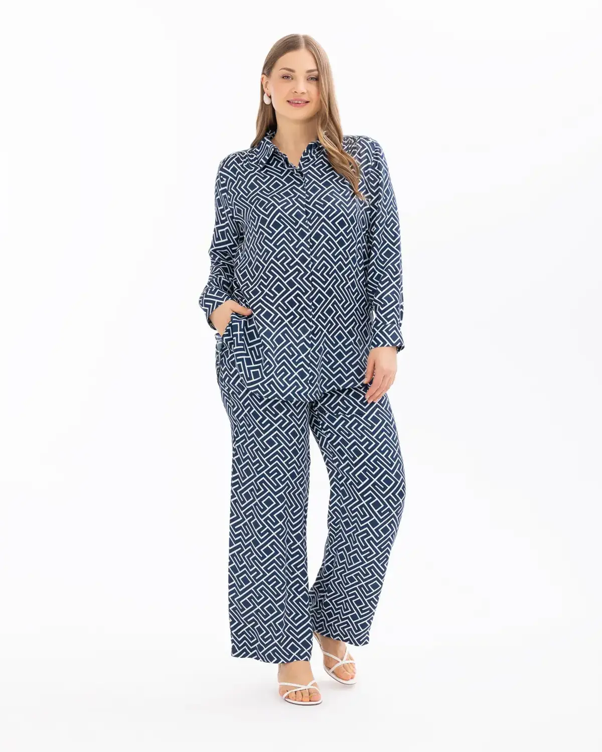 Plus Size Satin Geometric Pattern Trousers Comfortable and Stylish Navy Blue Design