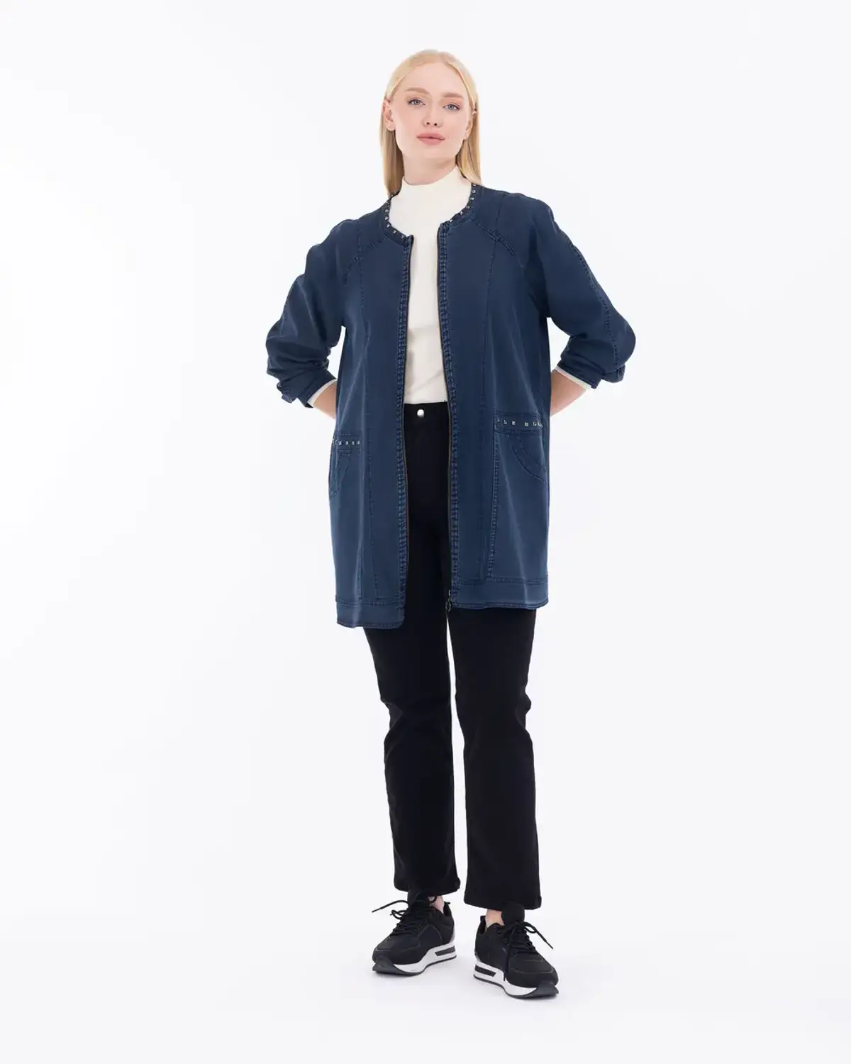 büyük beden boncuk i̇şlemeli jean ceket