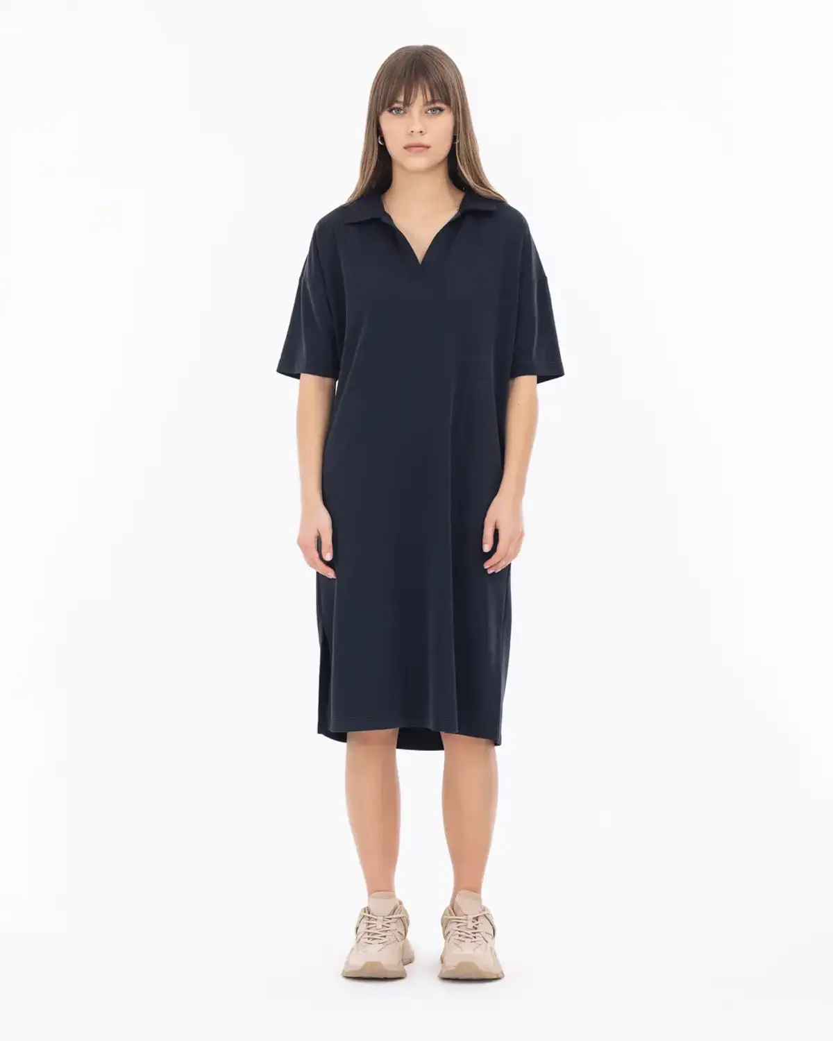 polo yaka örme kumaş kısa kol elbise