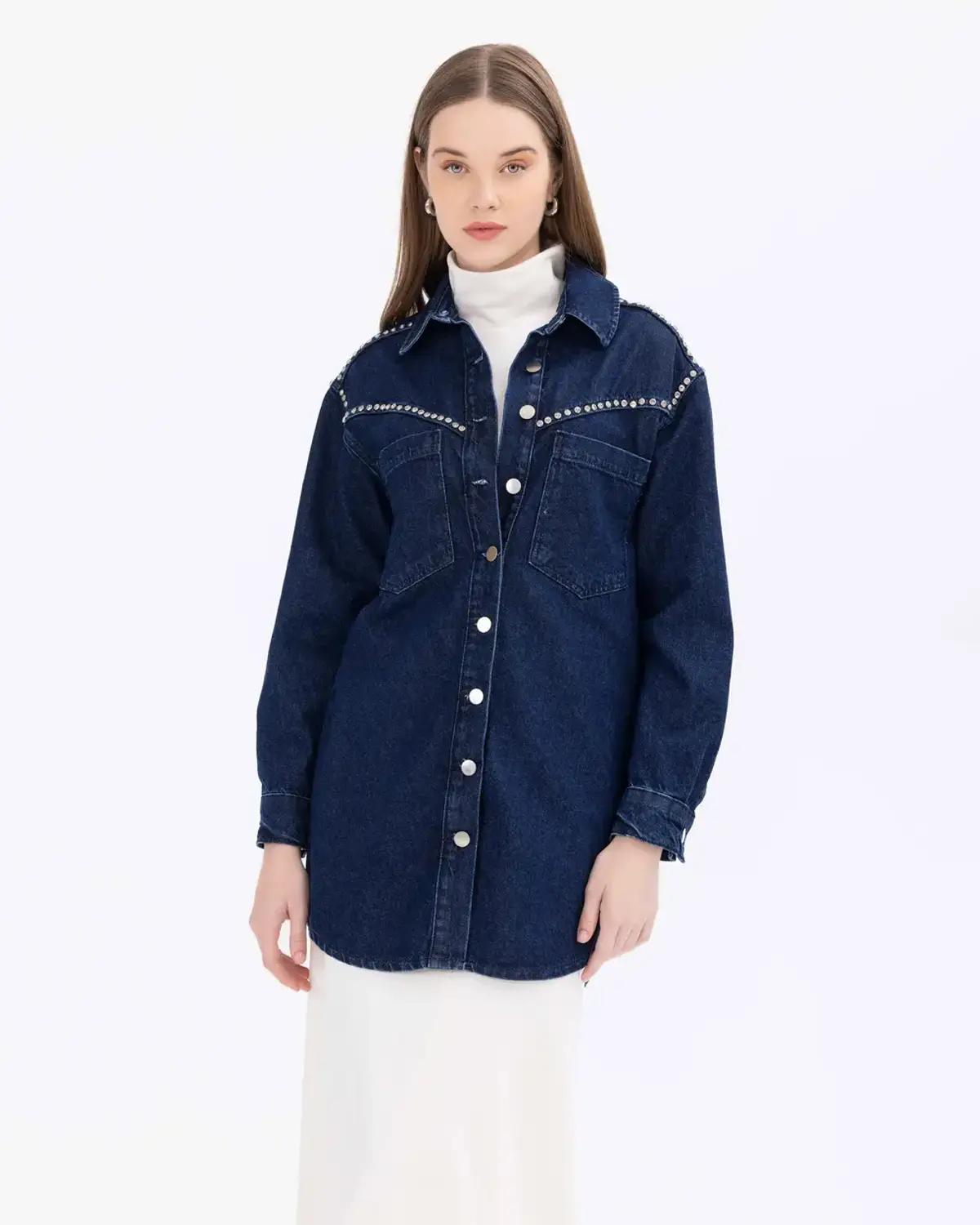 taş detaylı cepli jean ceket