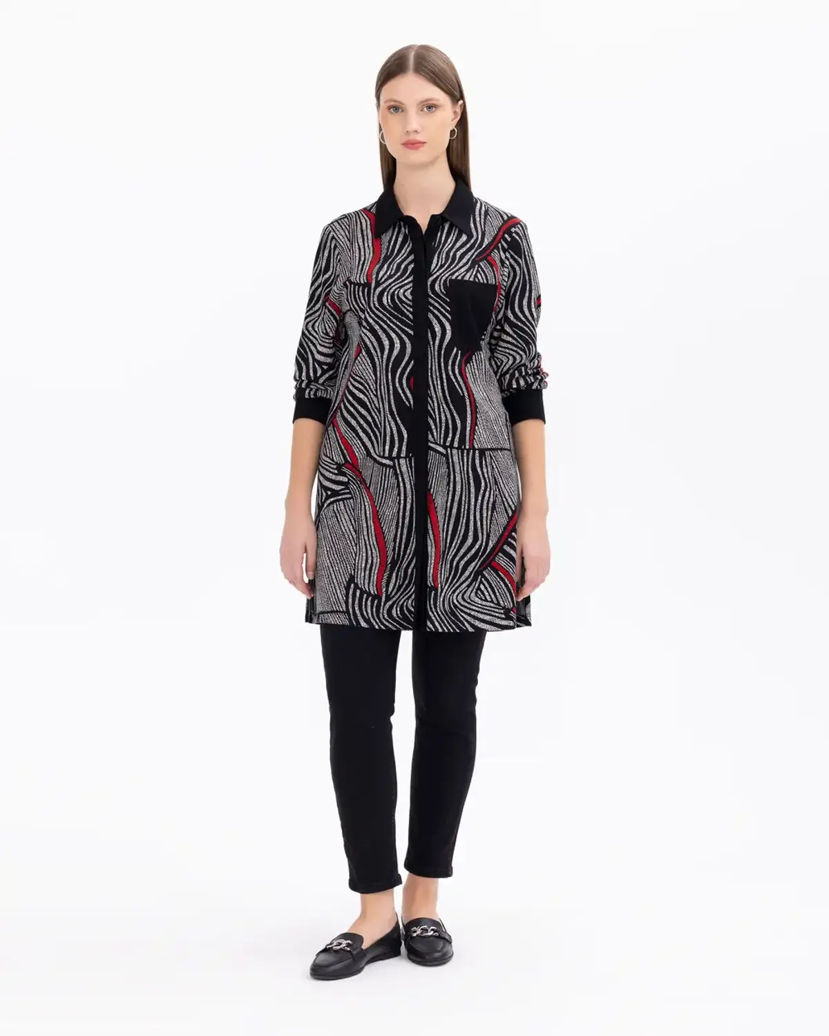 büyük beden cep detaylı desenli düğmeli tunik