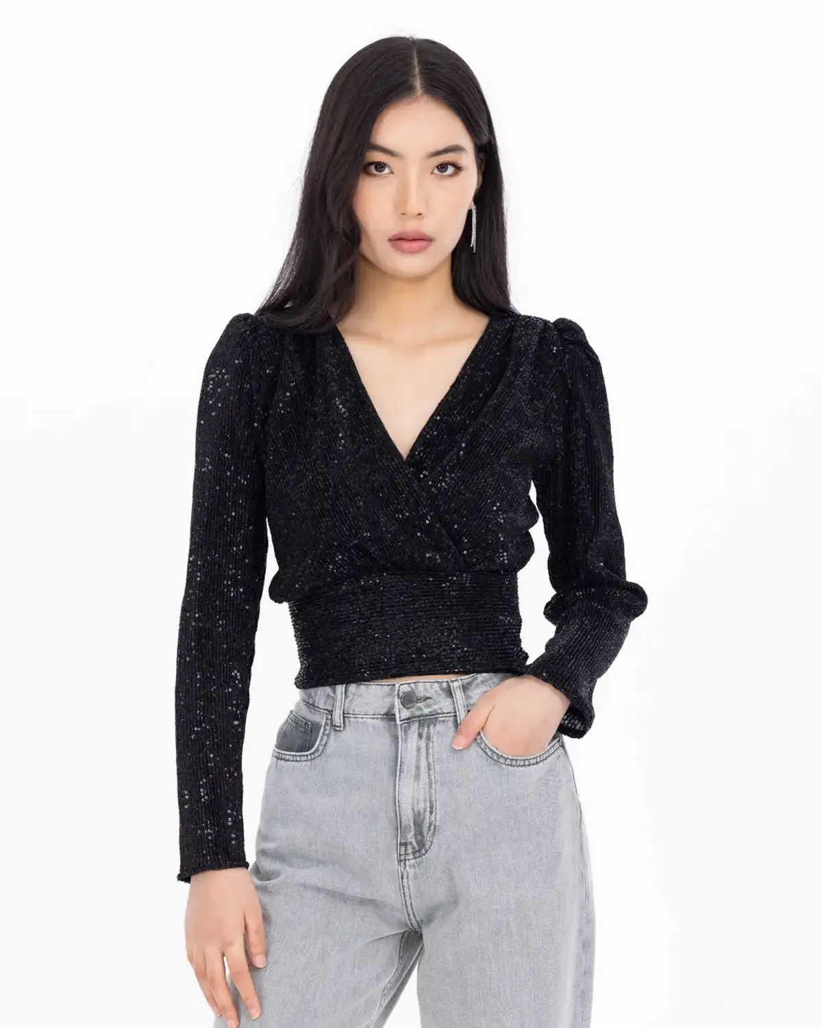 payetli kruvaze yaka bel boy bluz