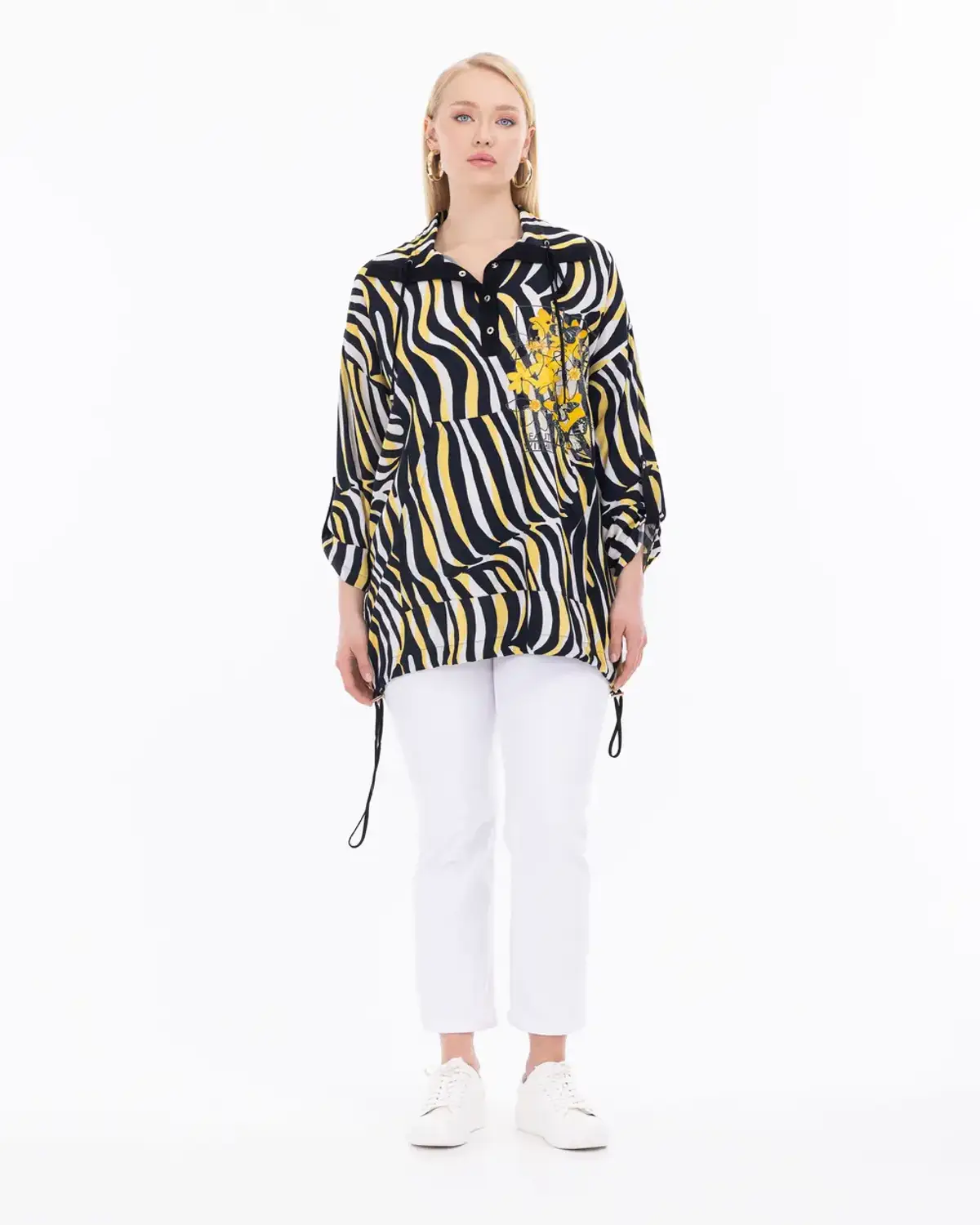 büyük beden polo yaka desenli bluz