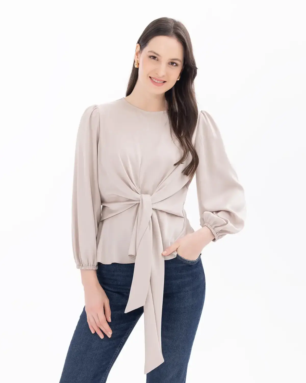 beli büzgülü uzun kollu bluz