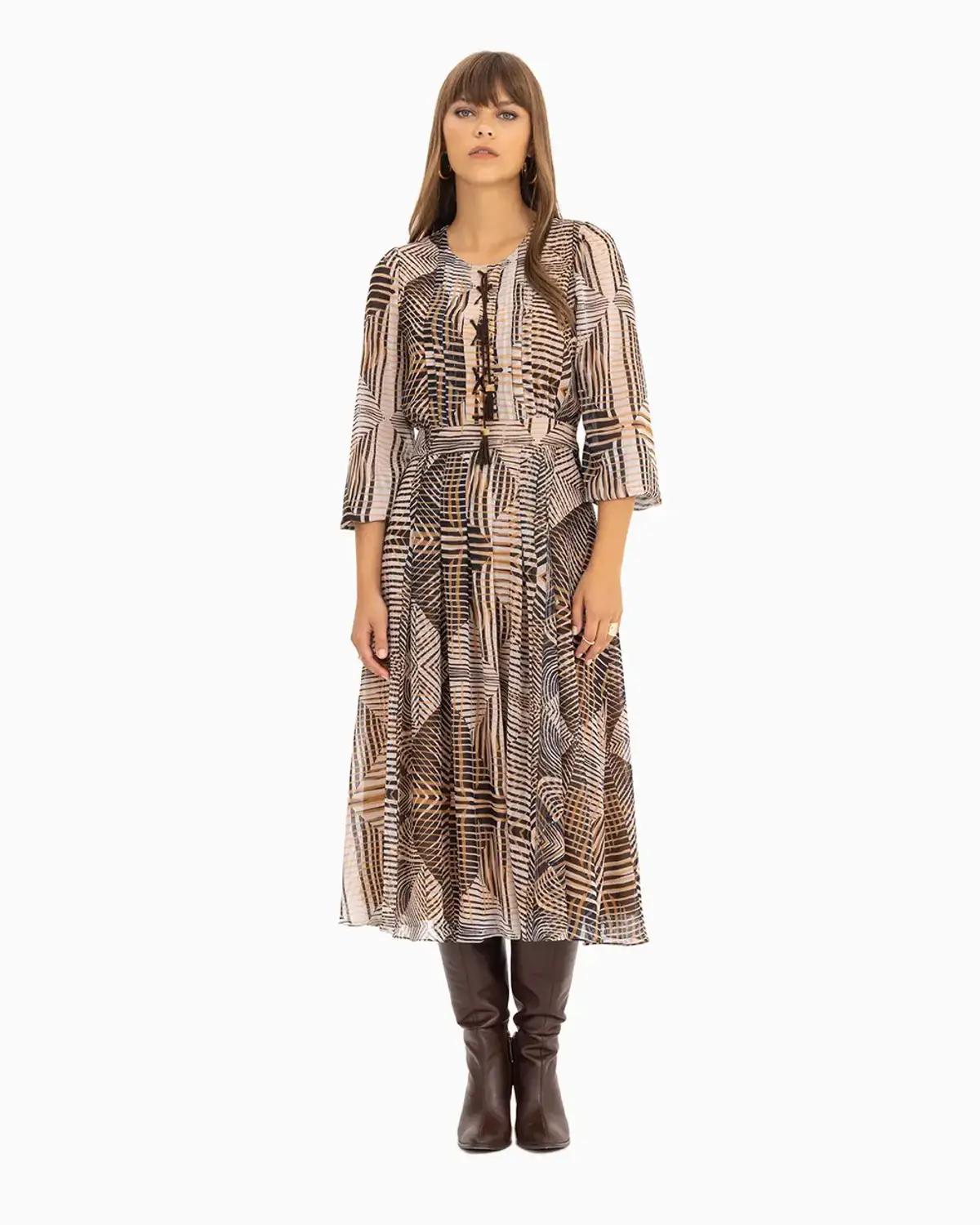 Geometric Pattern Midi Dress with Ruffled Sleeves and Round Neck in Vison Color