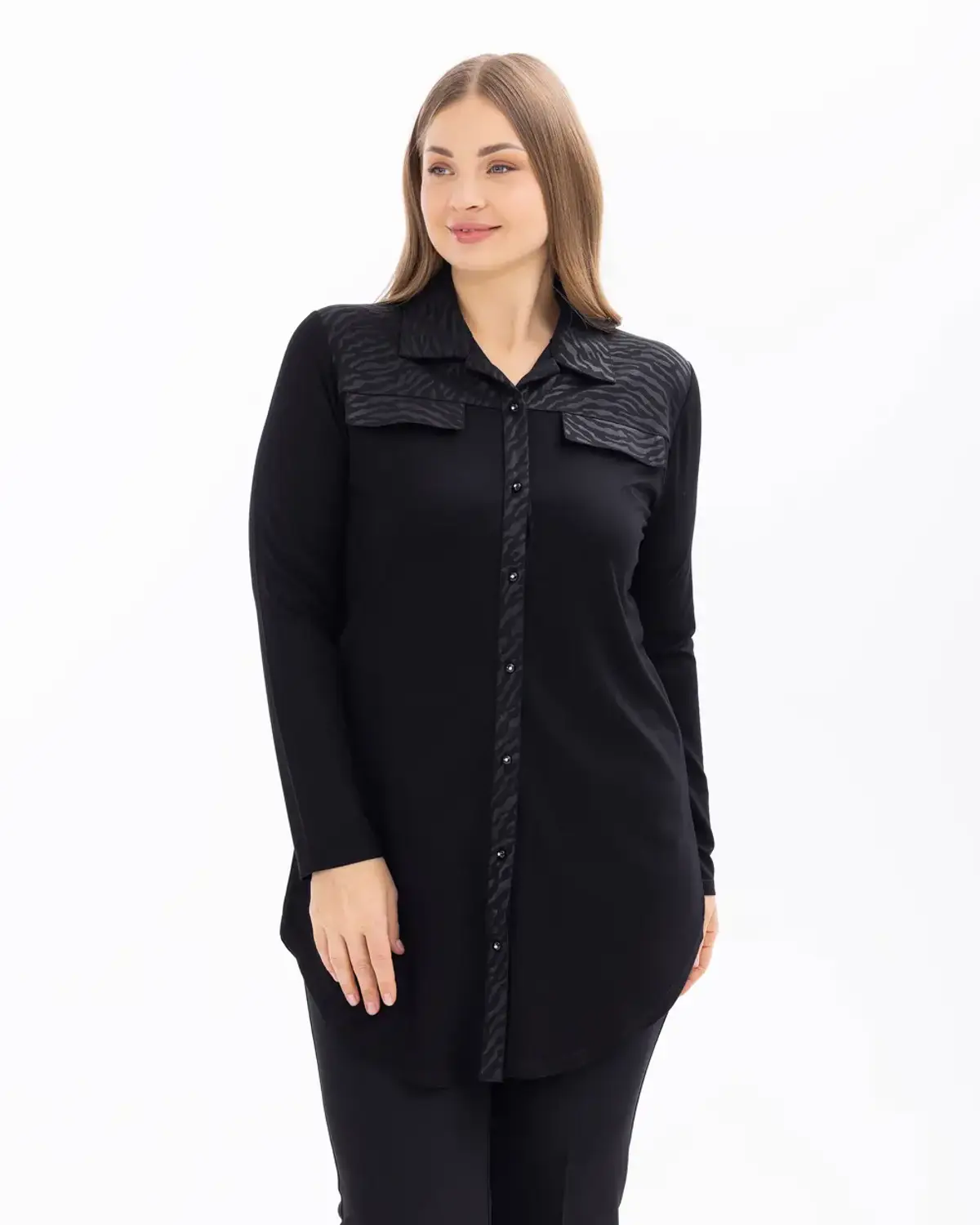 büyük beden zebra desen detaylı düğmeli tunik