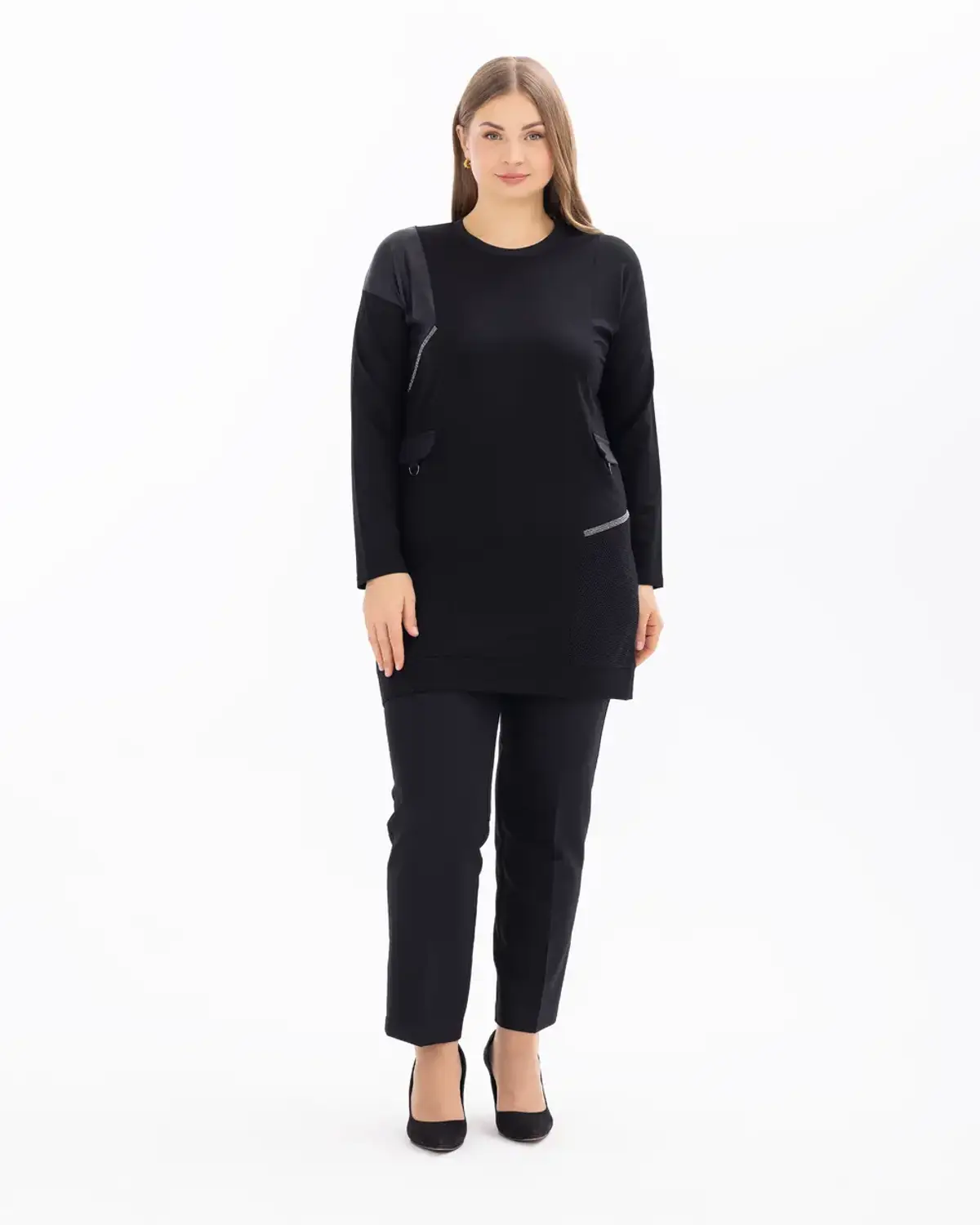 büyük beden file detaylı yuvarlak yakalı tunik