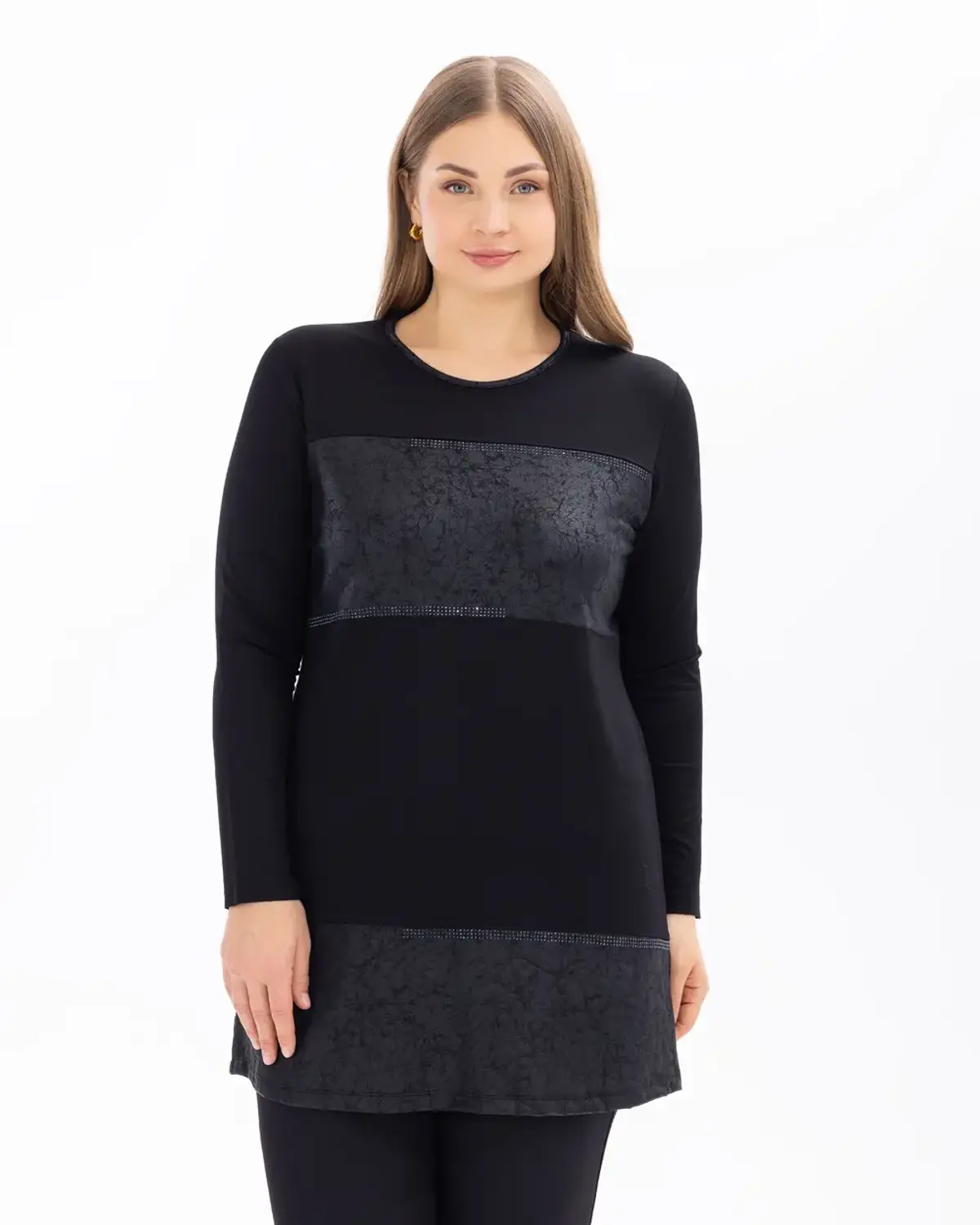 büyük beden taş detaylı suni deri geçişli tunik
