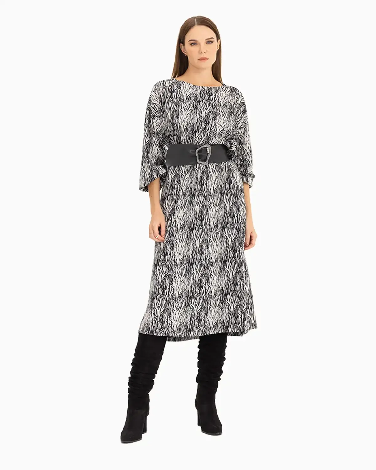 zebra desen midi boy elbise