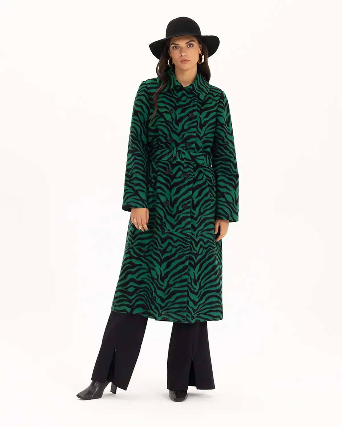 Zebra Print Belted Midi Coat with Classic Design and Button Details in Green