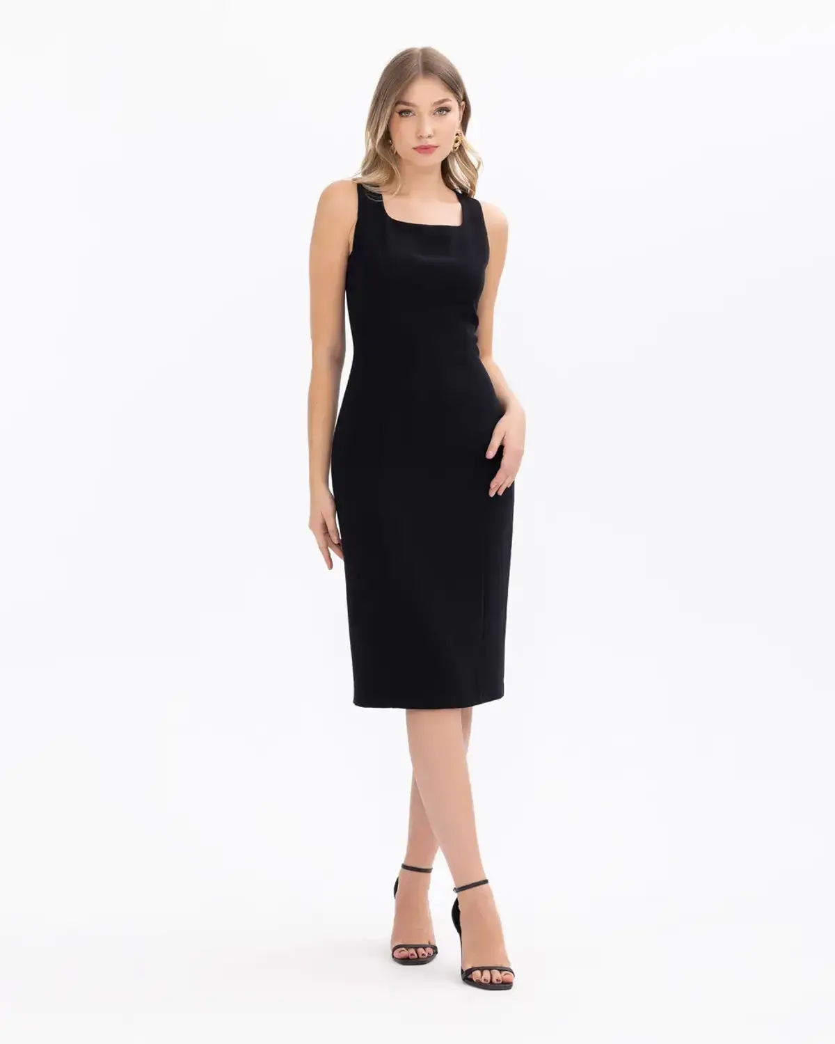 kolsuz dar form midi boy elbise