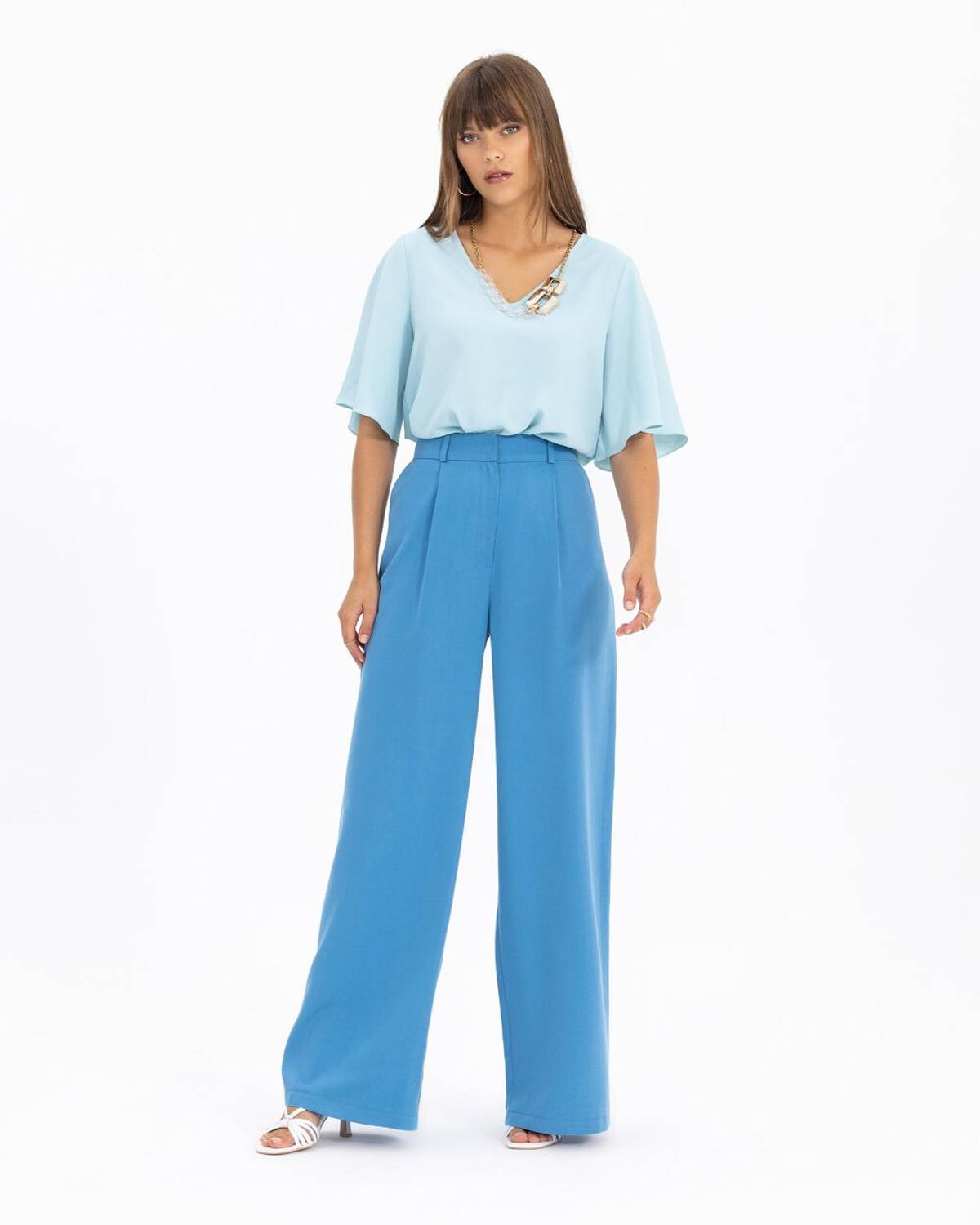 Gathered Pleated Palazzo Pants in Indigo - Wide Cut, Soft Tencel Fabric, Full-Length, Available Sizes 36-42