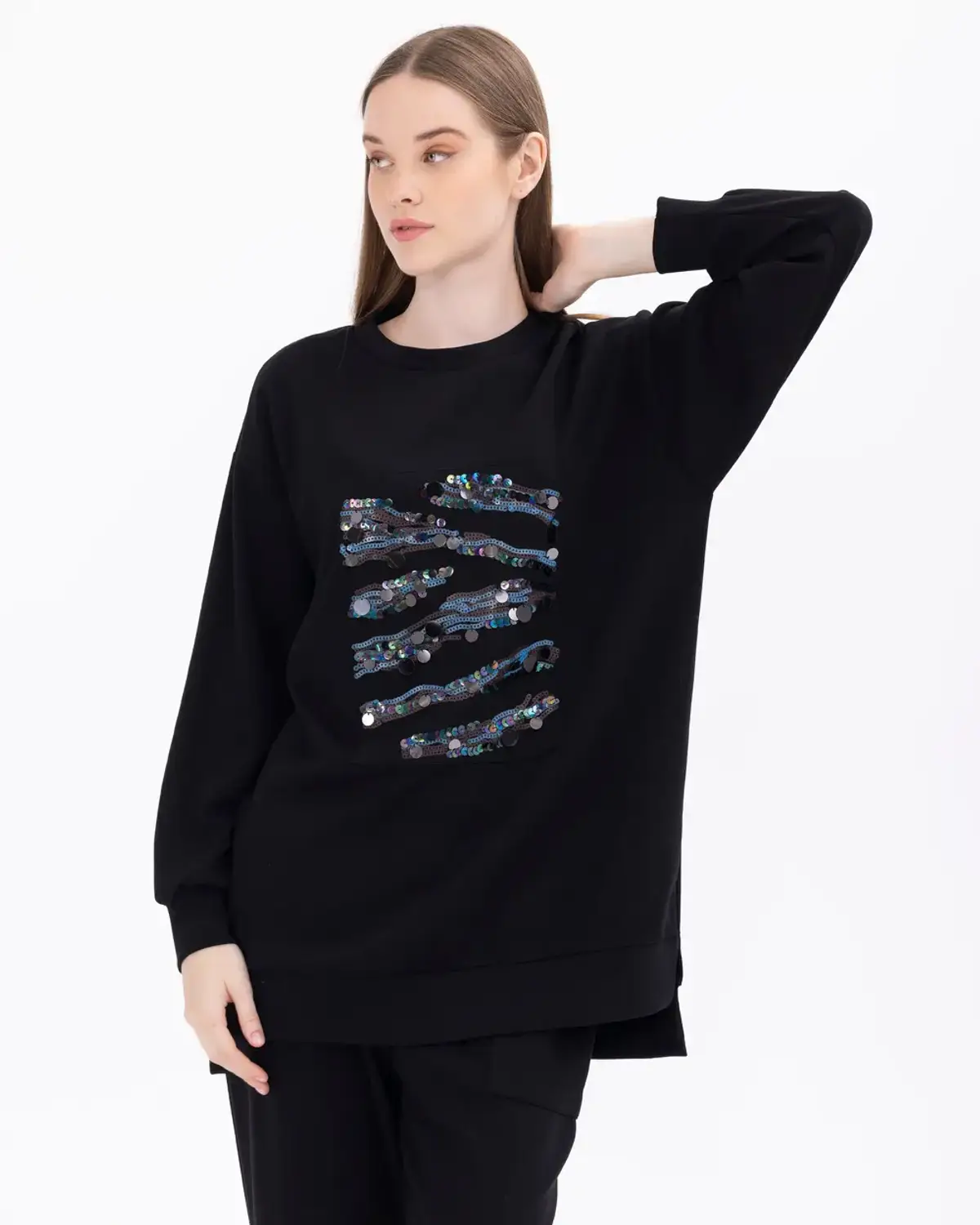 payet detaylı rahat kesim örme kumaş sweatshirt