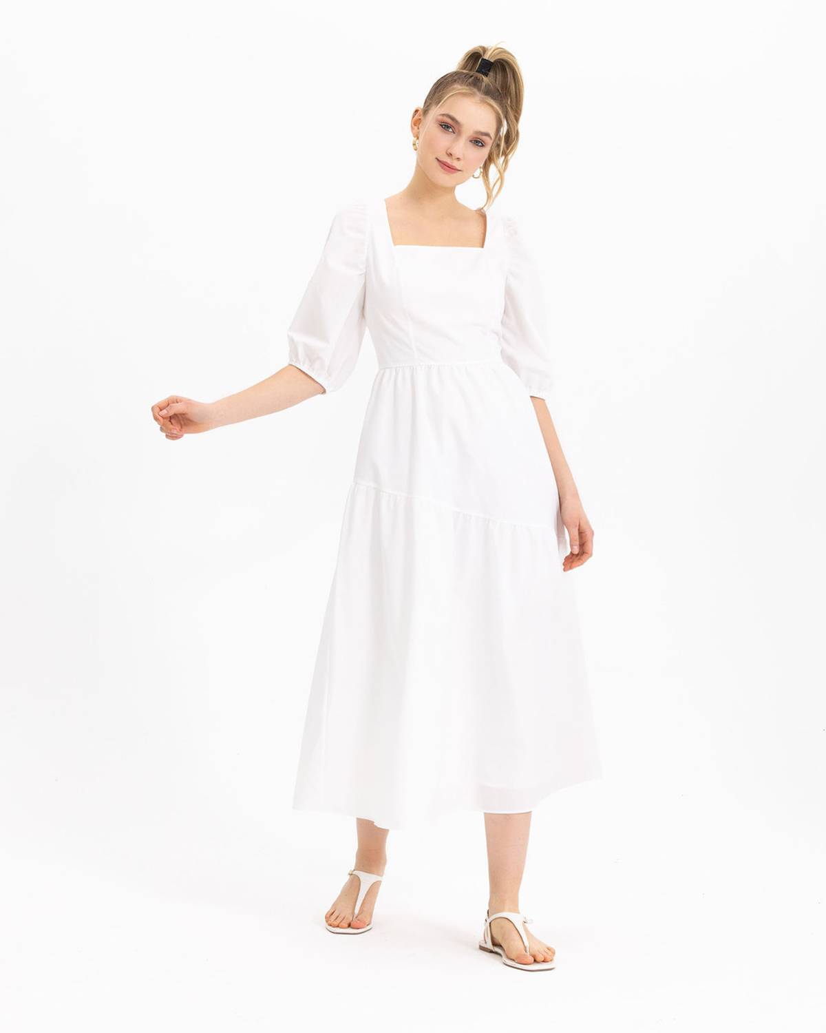 Balloon Sleeve Square Neck Midi Dress in Ecru - Comfortable Fabric for Summer Days, Modern Design with Detailed Stitching and Flattering Silhouette