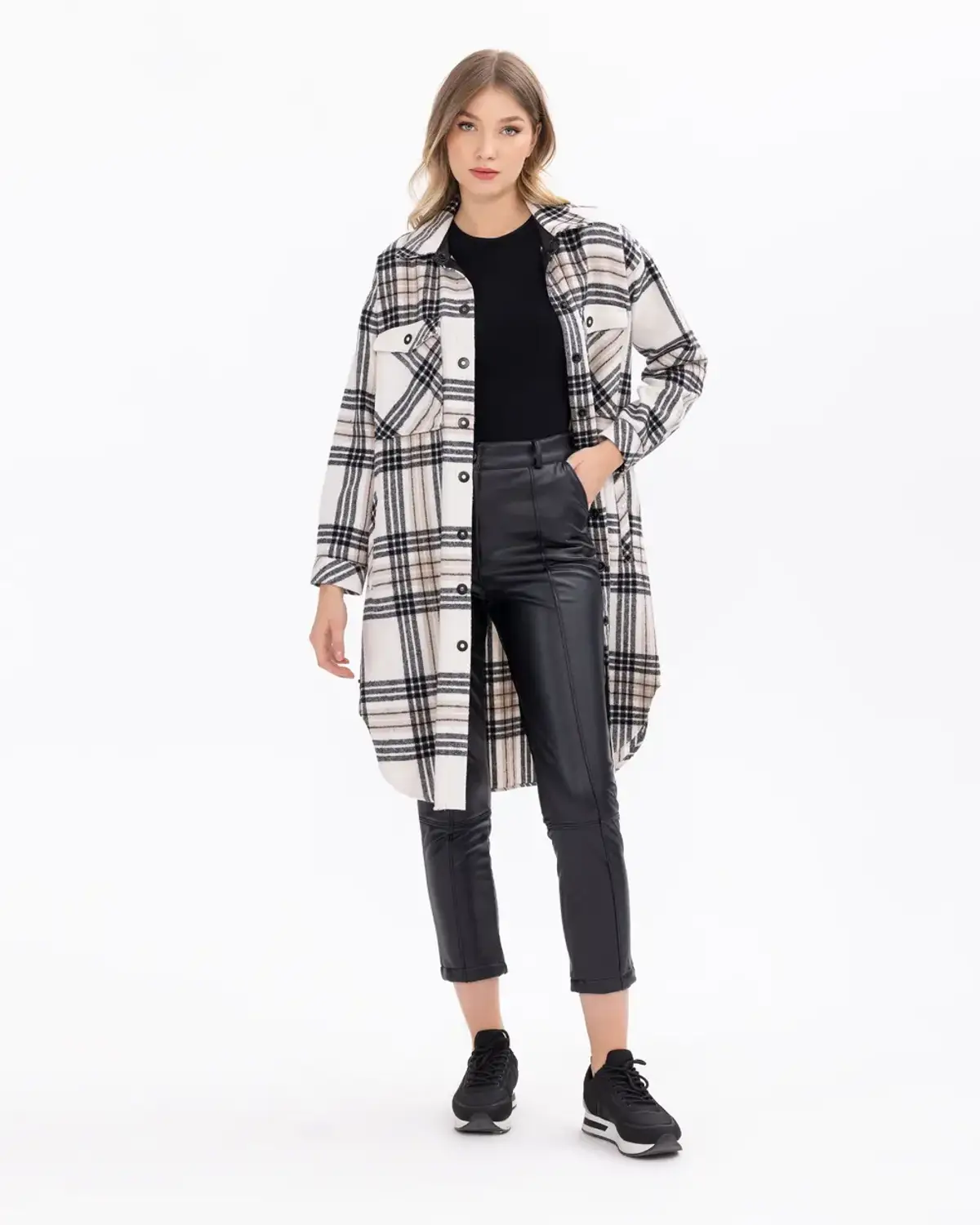 ekose desenli çıtçıt düğmeli cep detaylı tunik