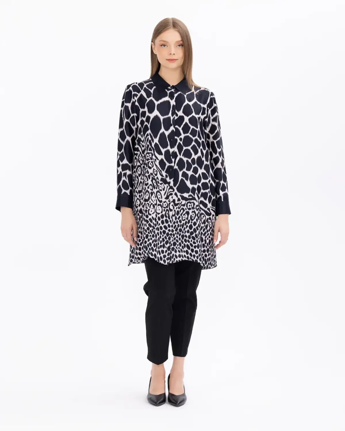 büyük beden mix desenli düğmeli tunik