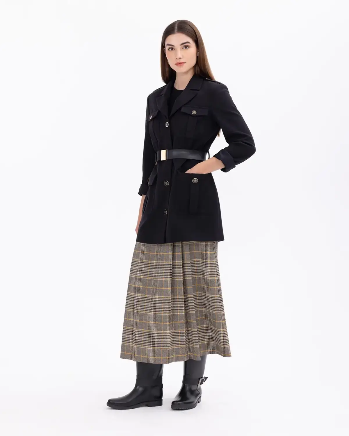 ekose desenli midi boy pileli etek