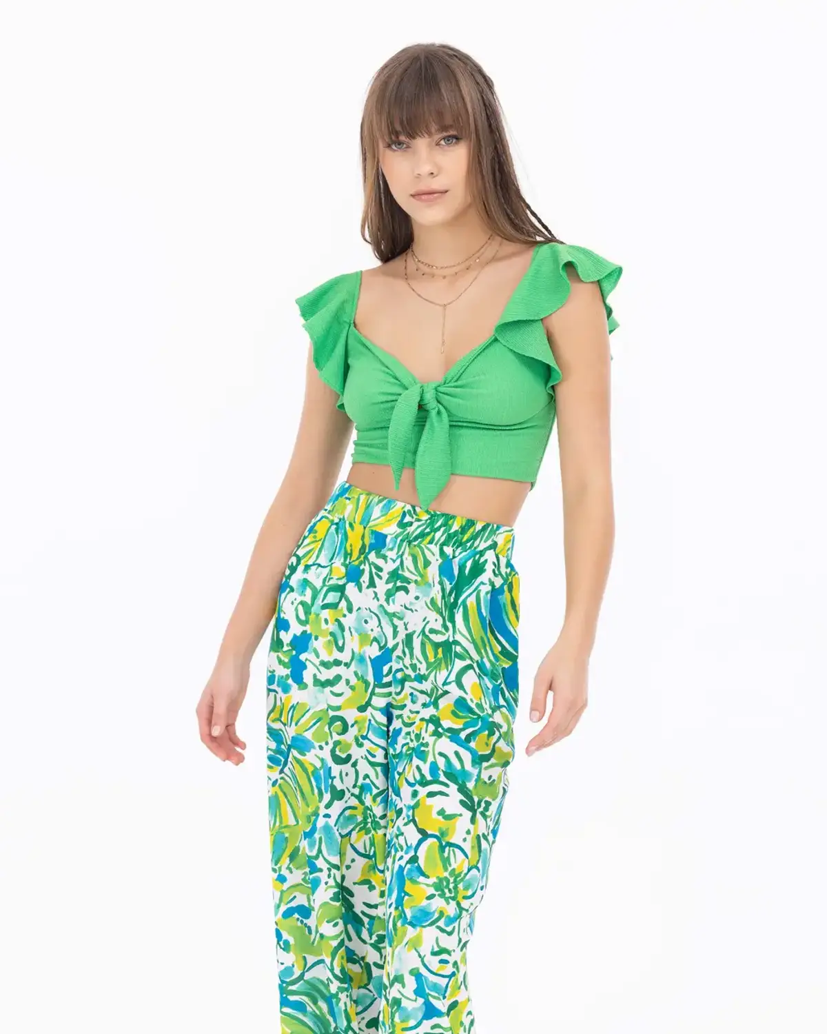 Блуза с завязками, укороченная, зеленая, 100% полиэстер, для легкого сочетания с брюками высокой талии