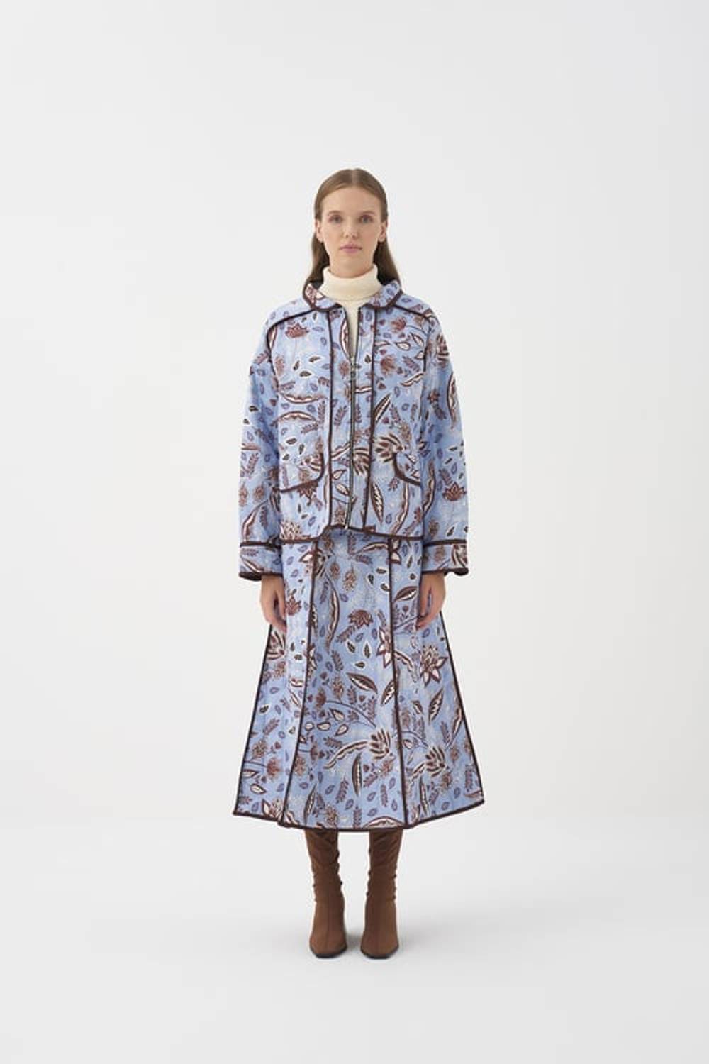 MİEL DESENLİ KAPİTONE ETEK MAVİ