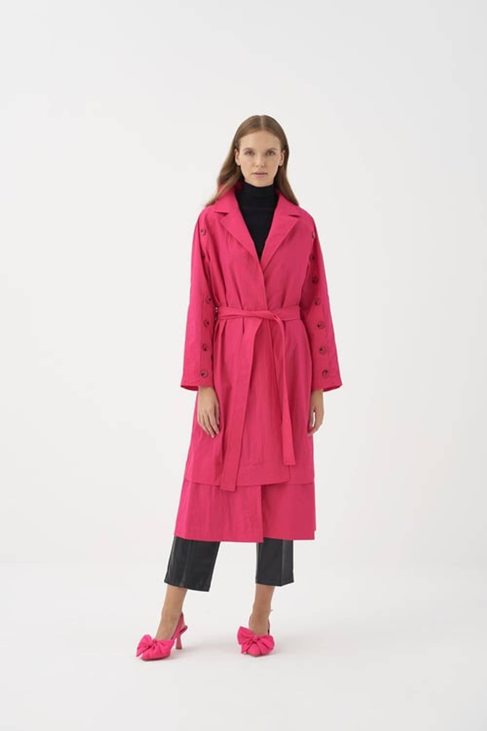 ABELLA ASİMETRİK KESİM TRENÇKOT FUŞYA