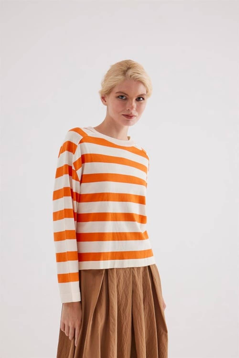 NOİRE ÇİZGİLİ TRİKO KAZAK BEJ-TURUNCU