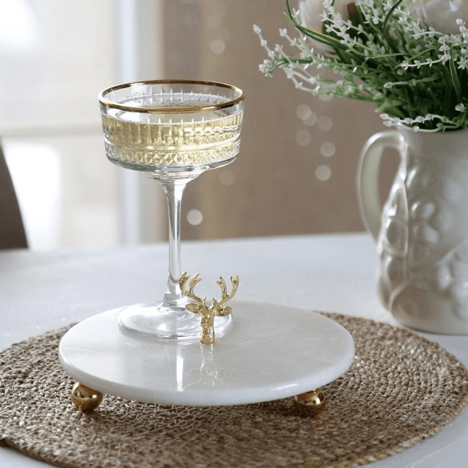 Akayev Mermer 20 Cm Beyaz Altın Boncuk Ayaklı Geyik Sunum Tabağı
