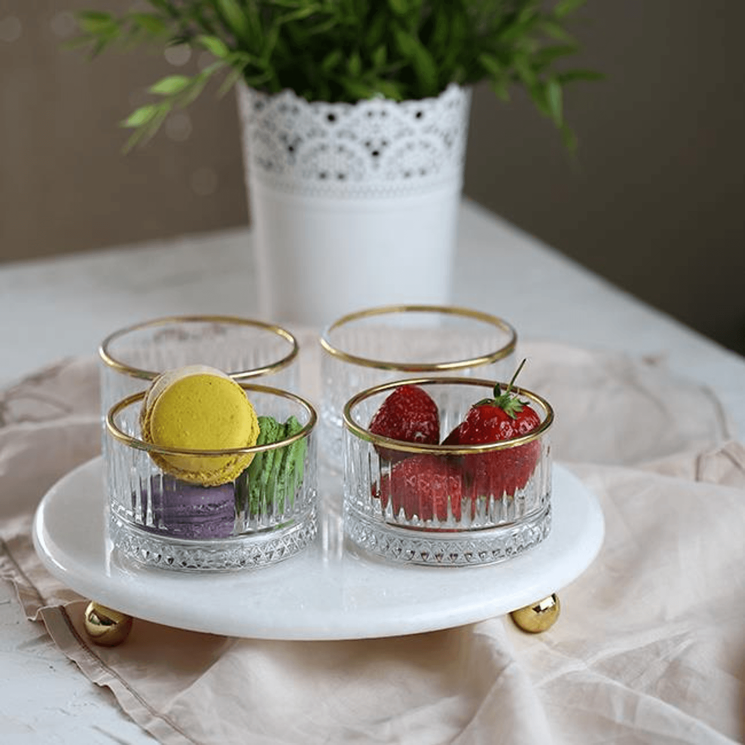 Akayev Mermer Beyaz 25 Cm Boncuk Ayak Gold Elysia 4'lü Reçellik İkramlık