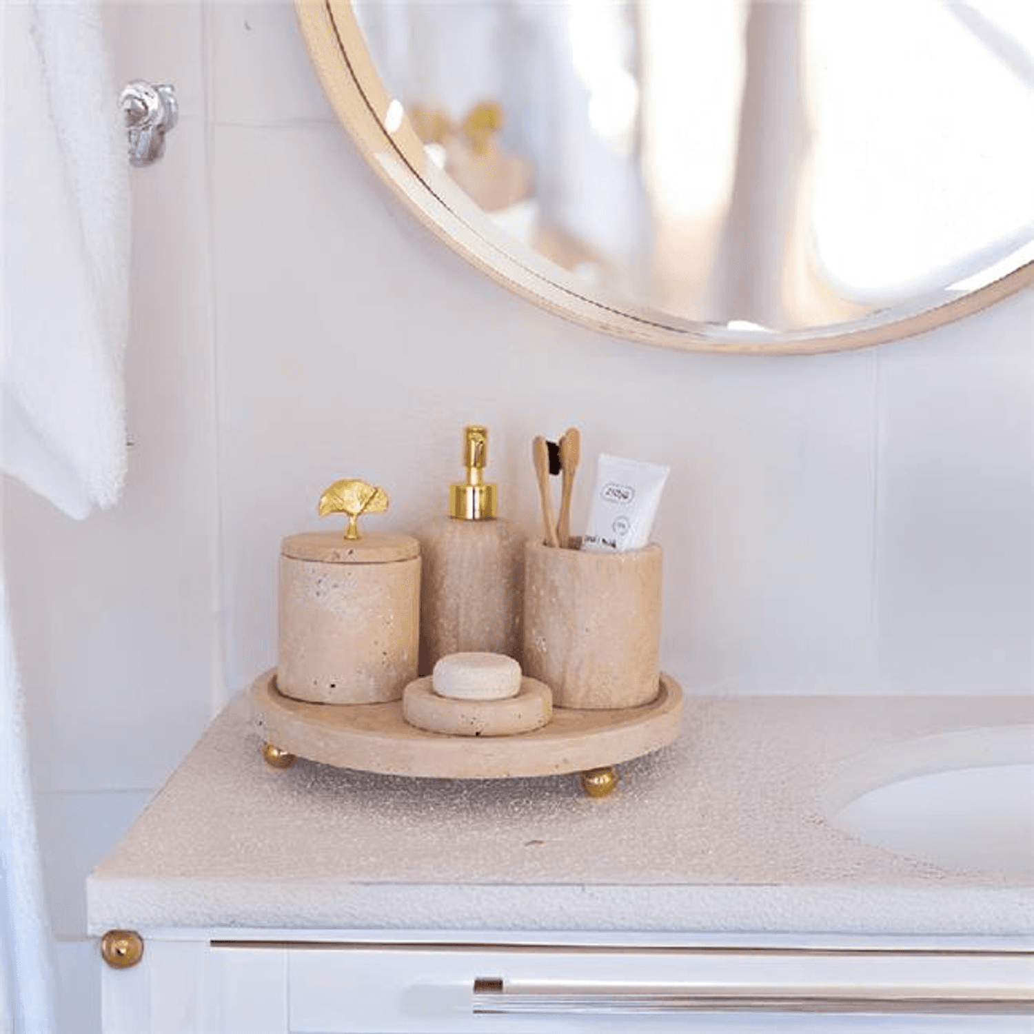 Akayev Mermer Traverten 5 Parça Ginkgo Banyo Seti