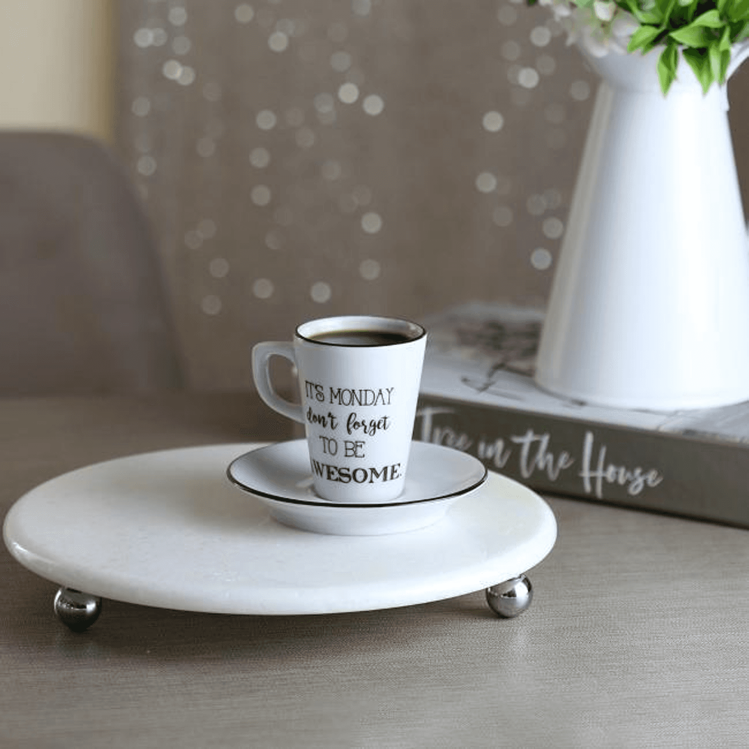 Akayev Mermer Beyaz 19 cm Gümüş Boncuk Ayaklı Kahve Sunumluk - Yağ ve Takı Standı