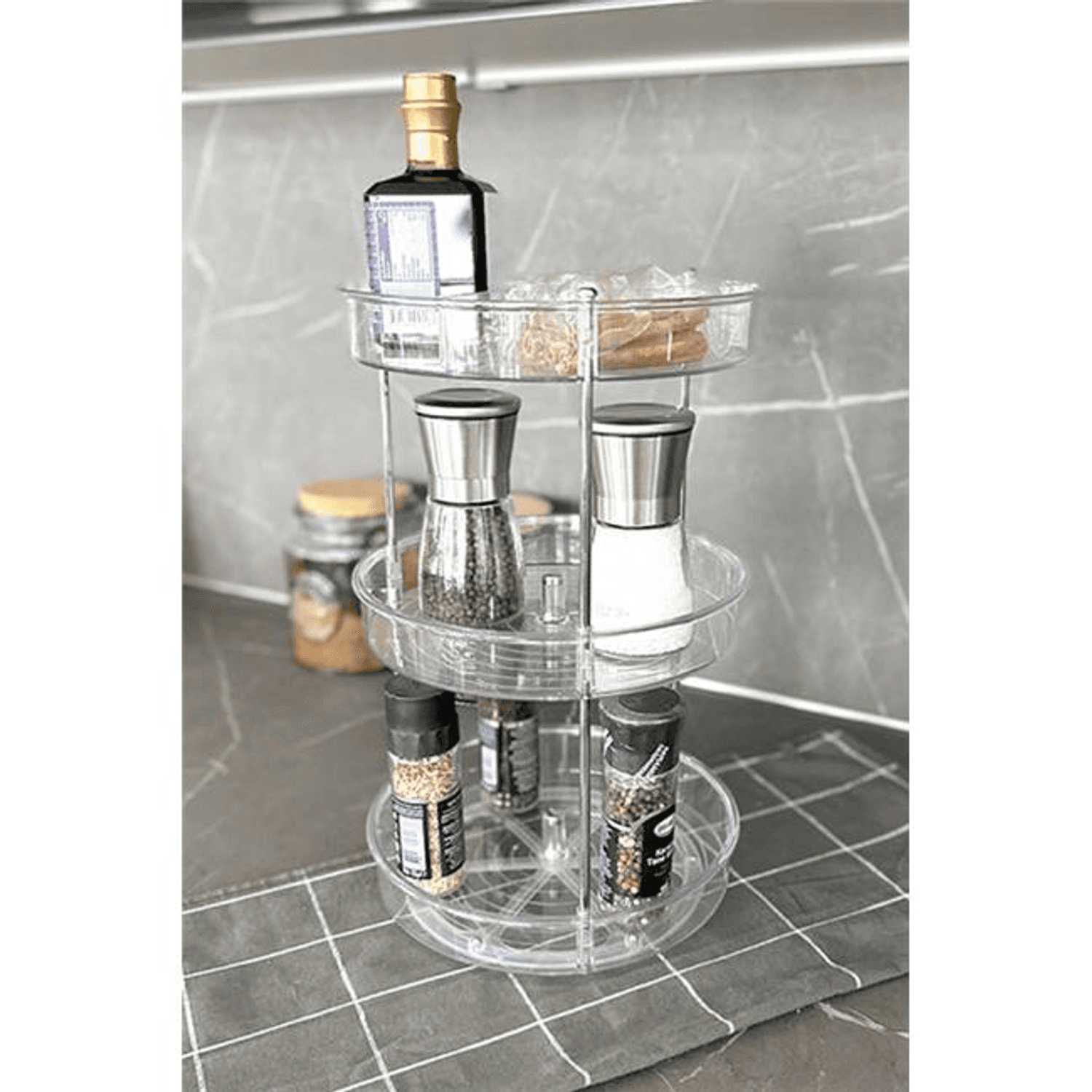 Primanova Elpida Üç Katlı Döner Raf Banyo Mutfak Makyaj Düzenleyici - Şeffaf