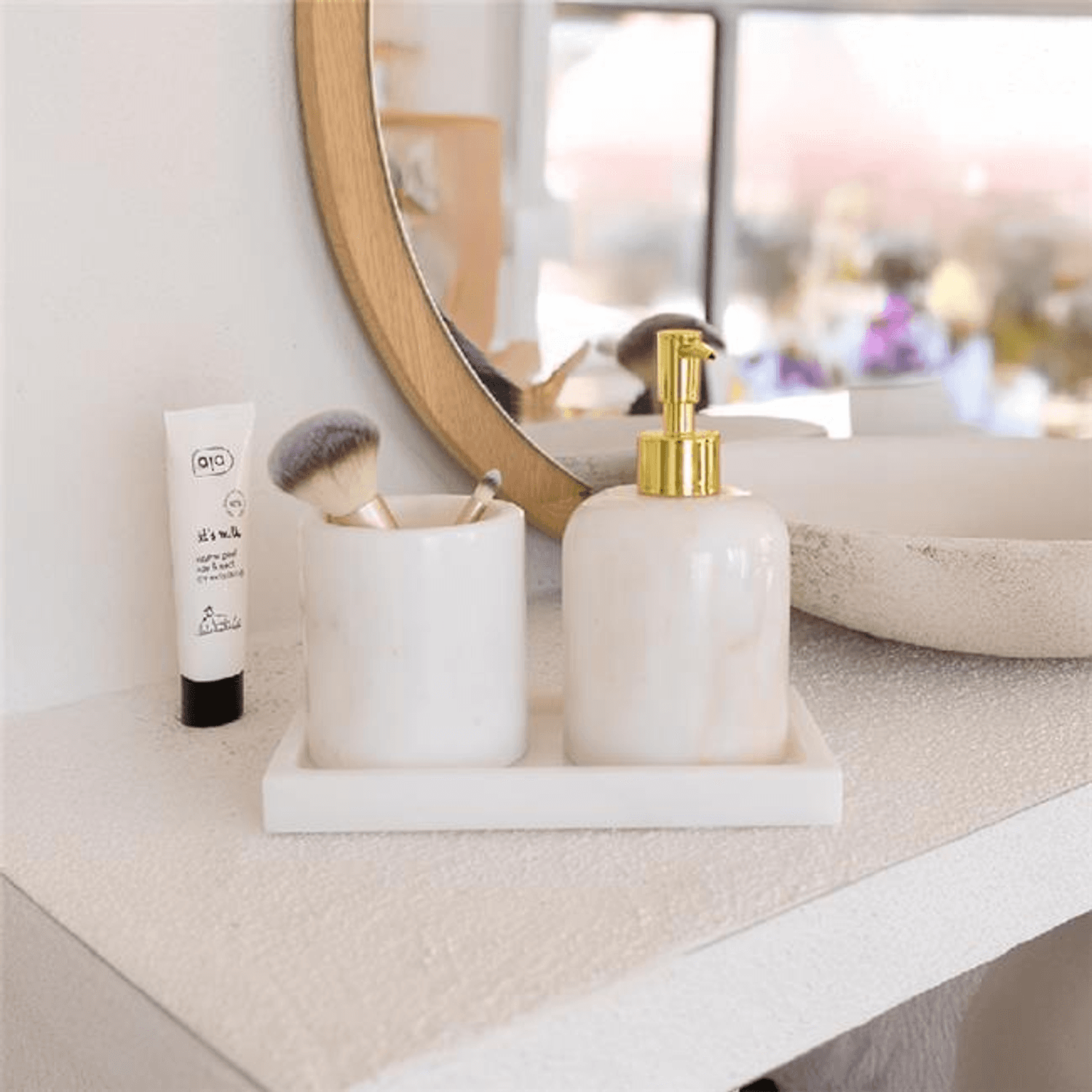 Akayev Mermer Beyaz 3 Parça Banyo Seti Mutfak Sıvı Sabunluk Seti