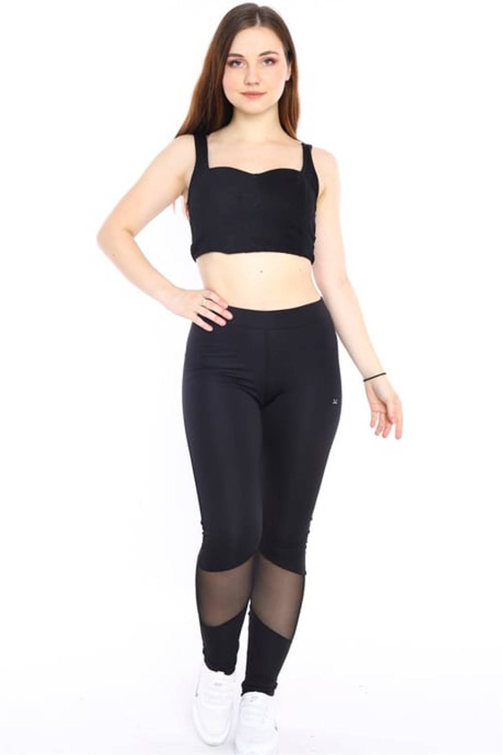 Escetic Lacivert Kadın Polyester Normal Bel Diz Altı Transparan Detay Spor Tayt 0351