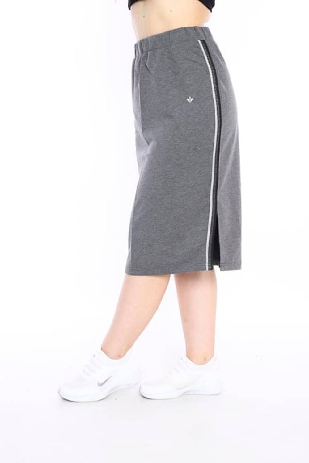 Escetic G3 (Koyu Gri) Kadın Süper 2 İplik Yırtmaç Şerit Detaylı Spor Etek 0617