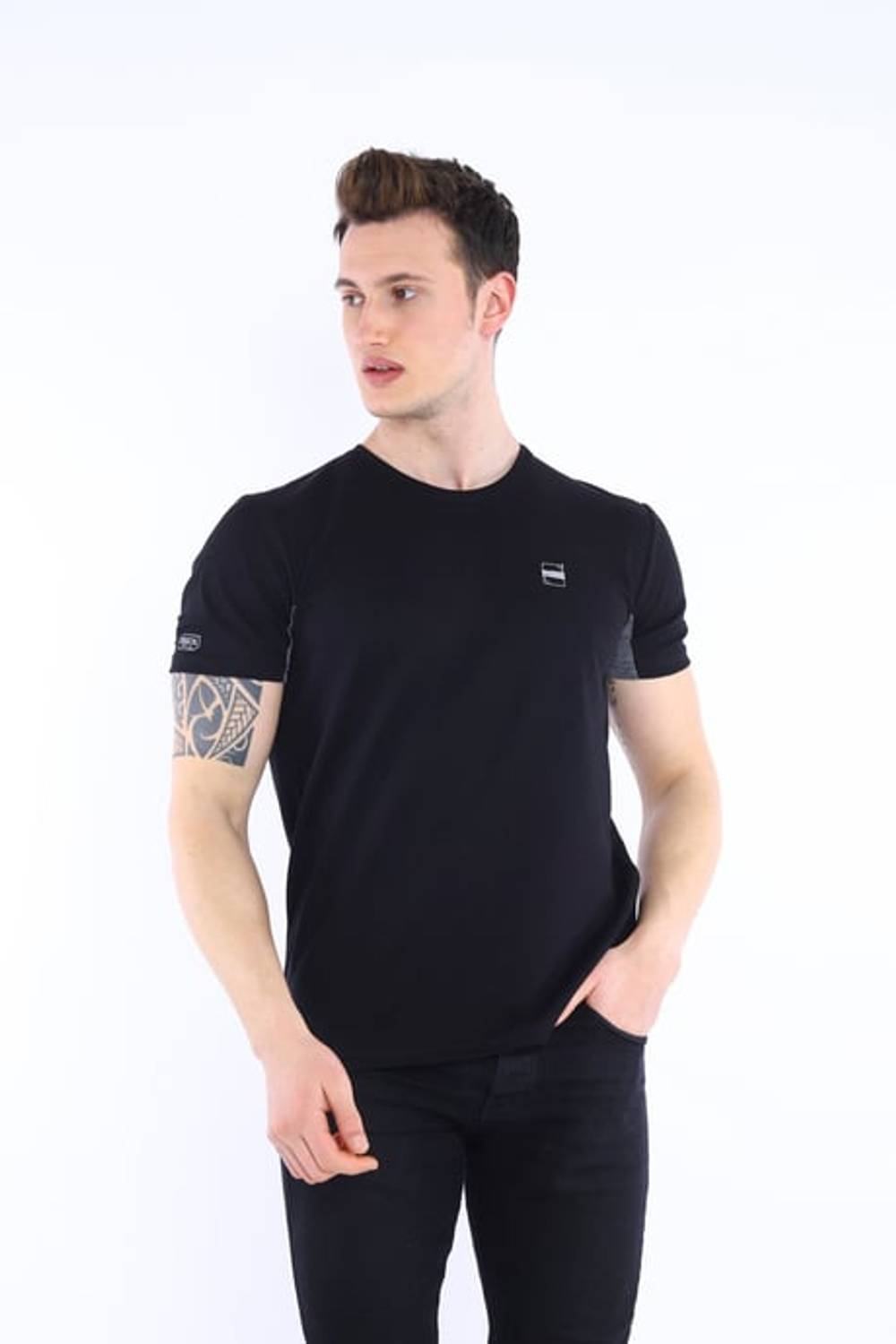 Escetic Siyah Erkek Ragular Kalıp Pamuklu ABD Pike Nefes Alabilen Spor T-Shirt 0829