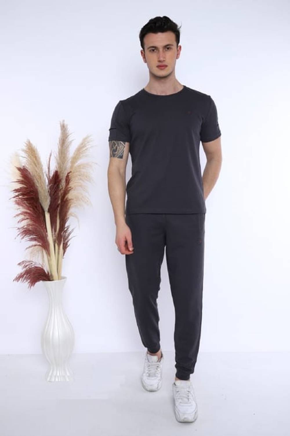 Escetic Füme Erkek Ragular Kalıp Pamuklu ABD Pike Nefes Alabilen Spor T-Shirt Takım 0796