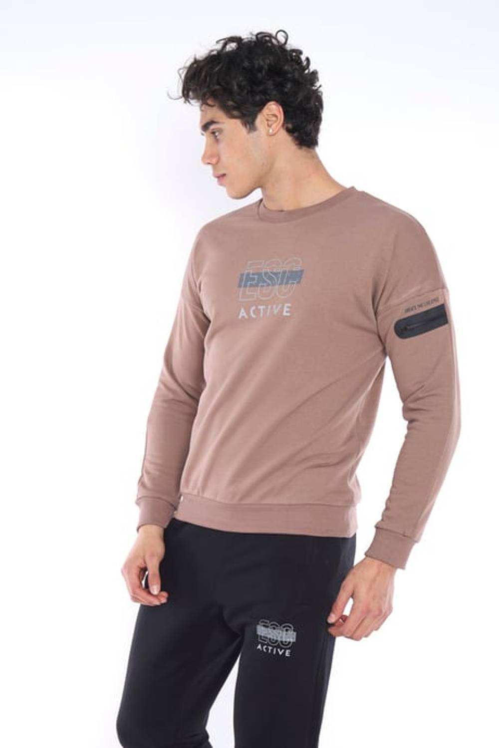 Escetic A.Kahve Erkek 3 İplik Nefes Alabilen Pamuklu Baskılı Spor Slimfit Sweat Takım A3032