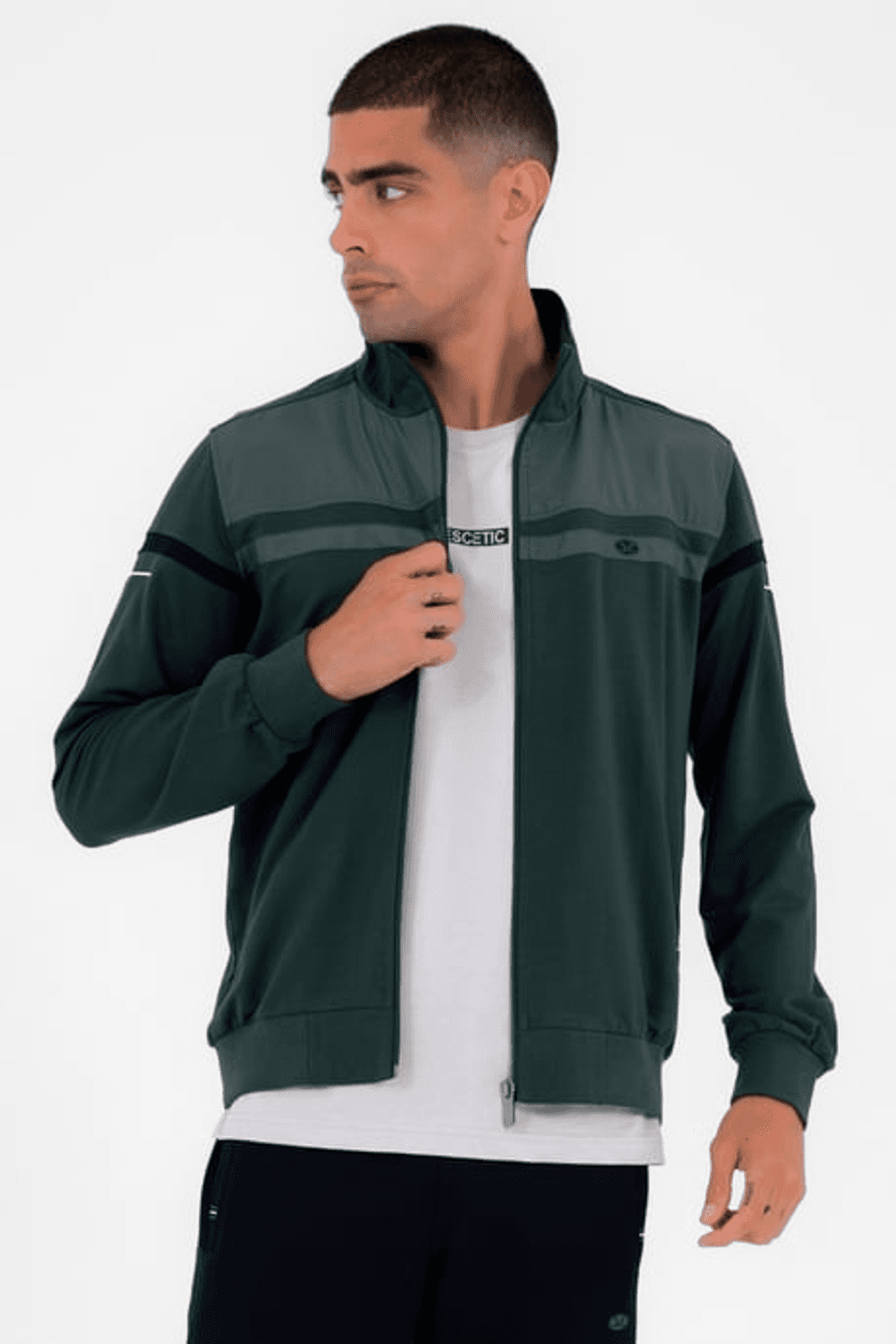 Men's Dark Green Comfortable 4 Pocket Stand Collar 4 Season Super 2 Thread Sports Tracksuit Set 5876