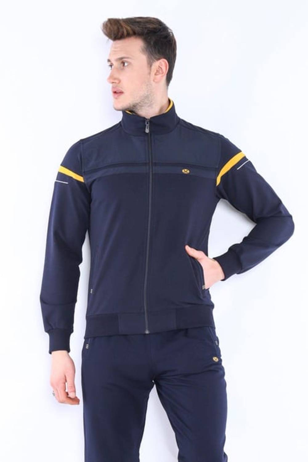 Erkek Lacivert Hardal Rahat Kalıp 4 Cepli Dik Yaka 4 Mevsim Süper 2 İplik Spor Eşofman Takımı 5876