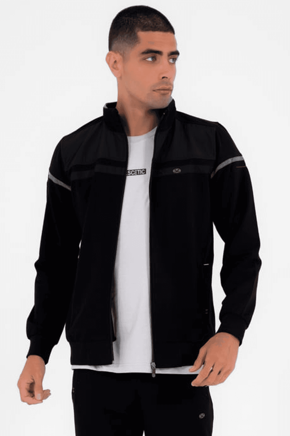 Men's Black Comfortable 4 Pocket Stand Collar 4 Season Super 2 Thread Sports Tracksuit Set 5876