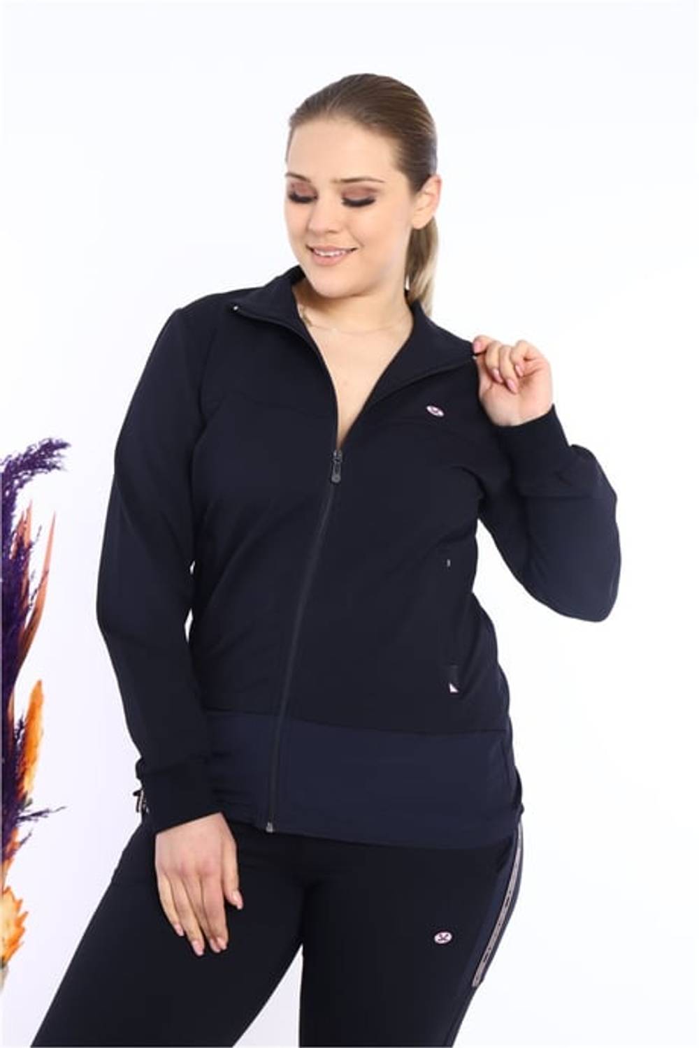 Escetic Kadın Lacivert Battal/Büyük Beden Dik Yaka 4 Mevsim Süper 2 İplik Spor Eşofman Takımı 6542